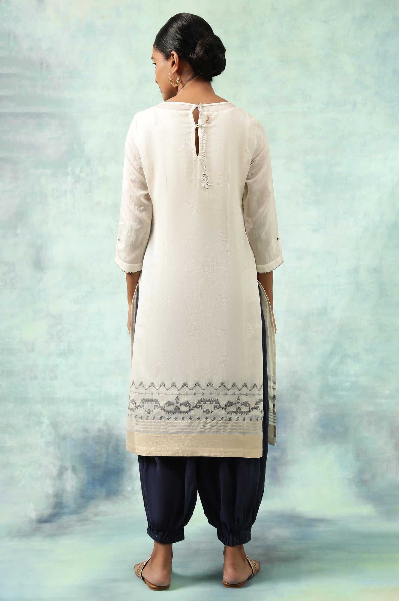 Ecru Jacquard kurta With Mirror Work Embroidery