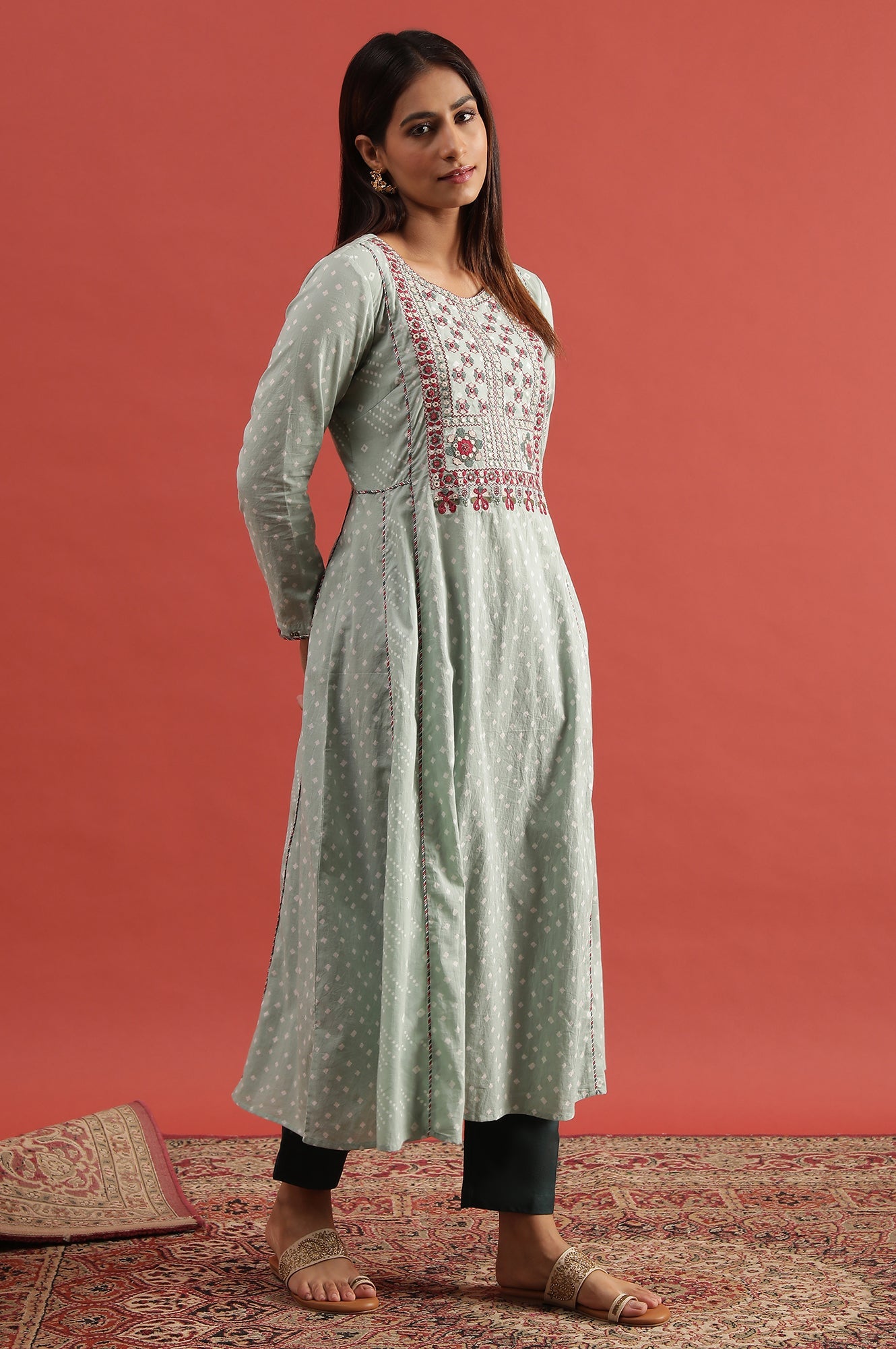 Light Green Hand Block Print Kurta With Embroidery