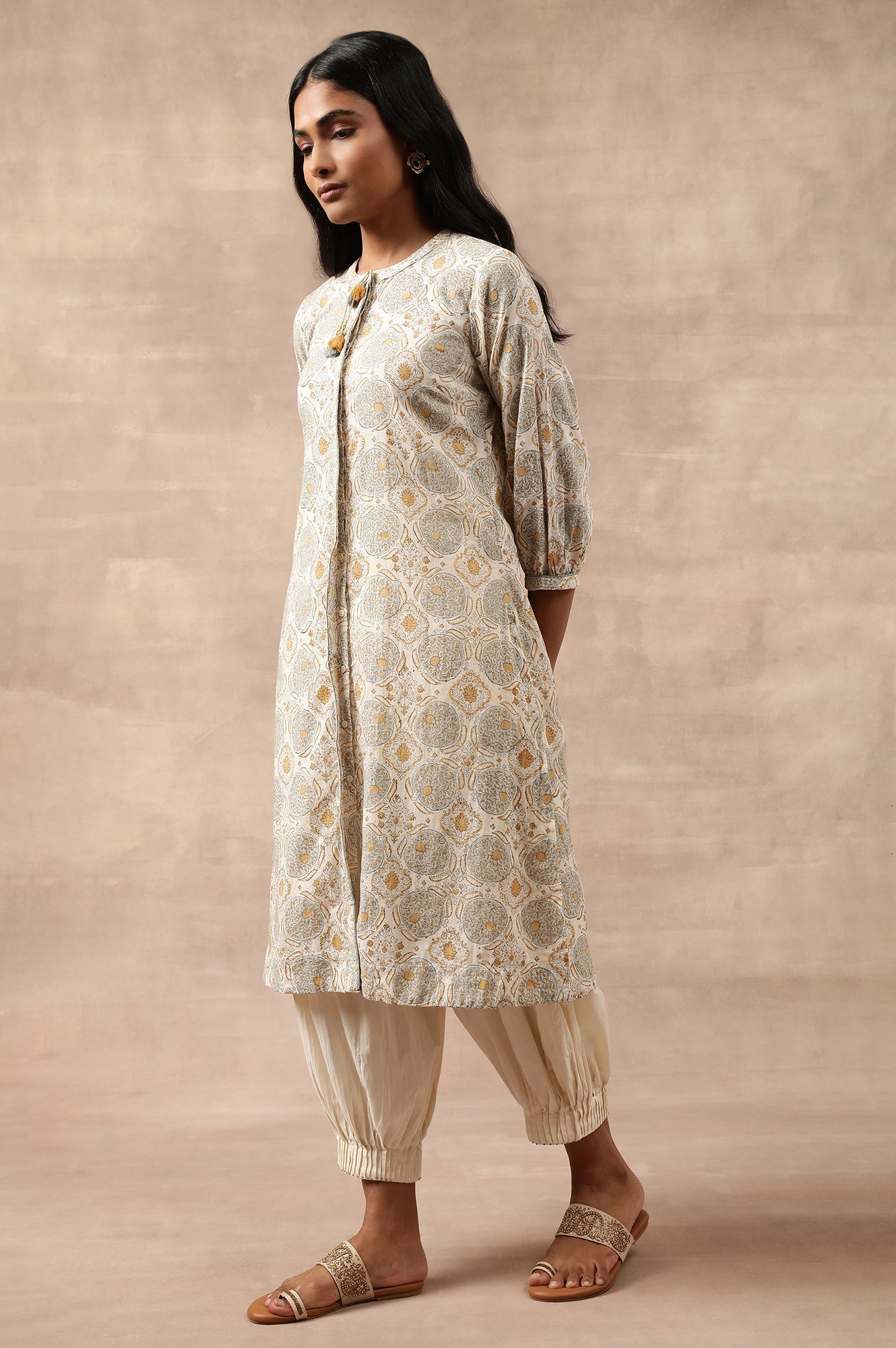 Ecru Hand Block Print Shirtdress