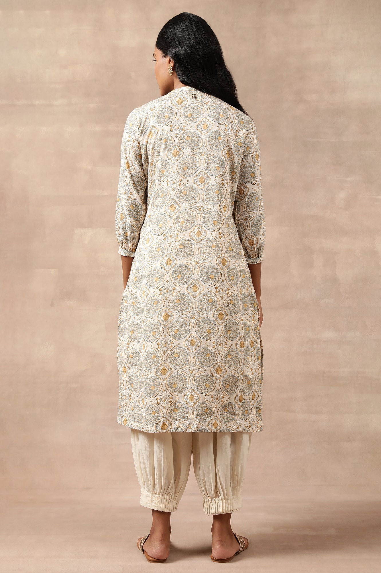 Ecru Hand Block Print Shirtdress