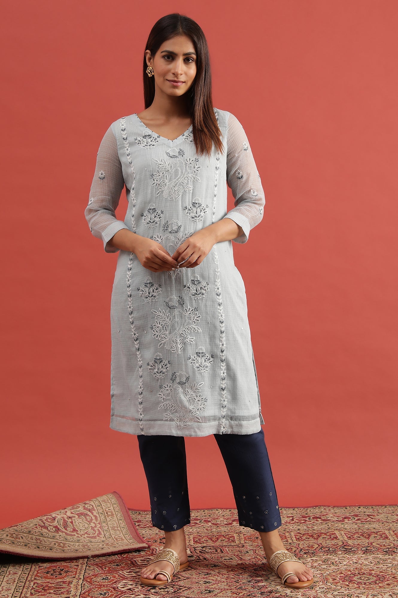 Blue Cotton Silk Kota Tepchi Embroidery Kurta