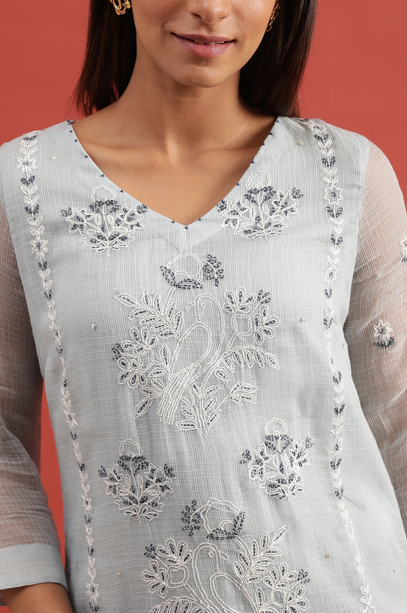 Blue Cotton Silk Kota Tepchi Embroidery Kurta