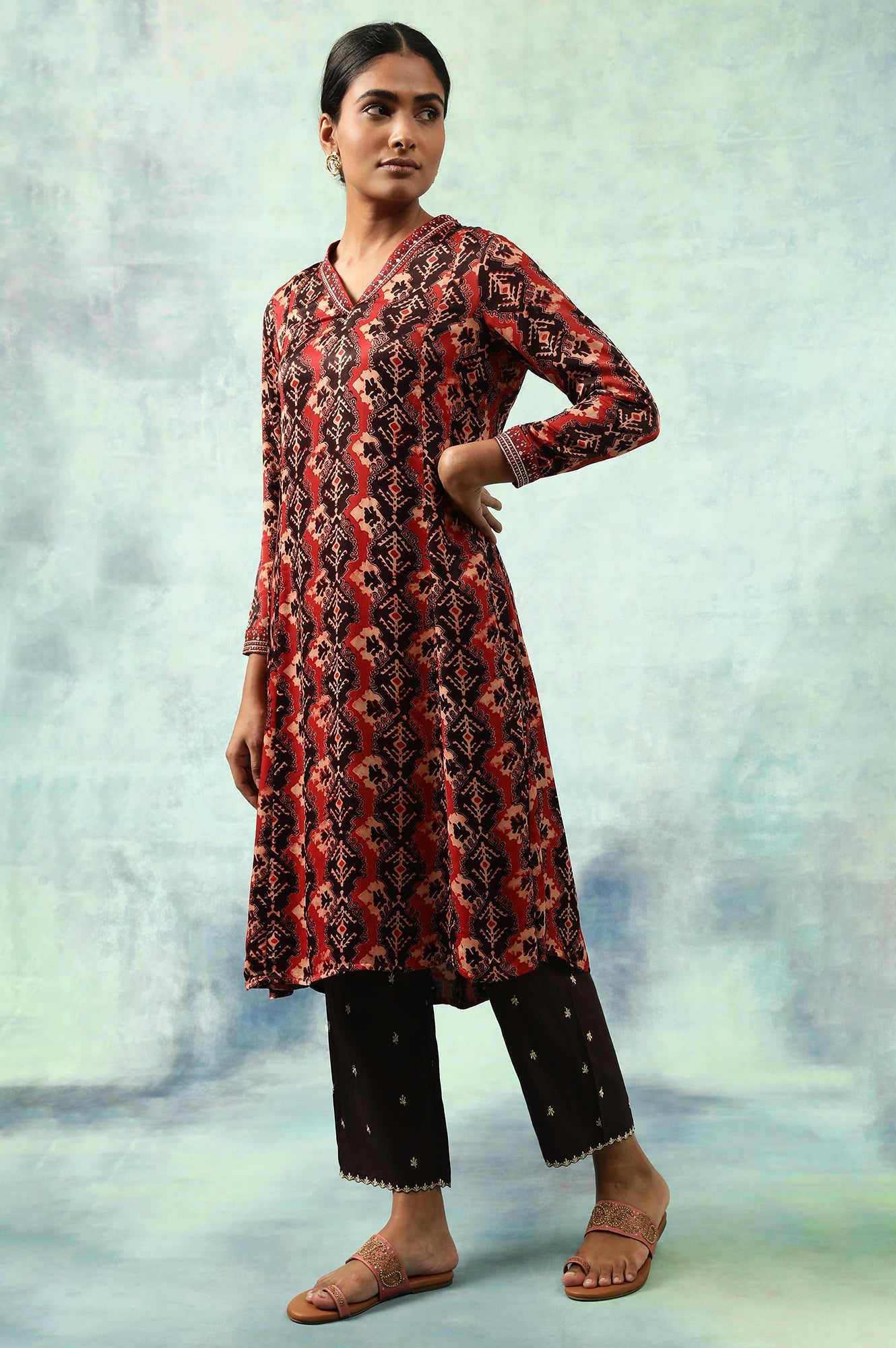 Brick Red Flared Ajrakh Print Satin kurta