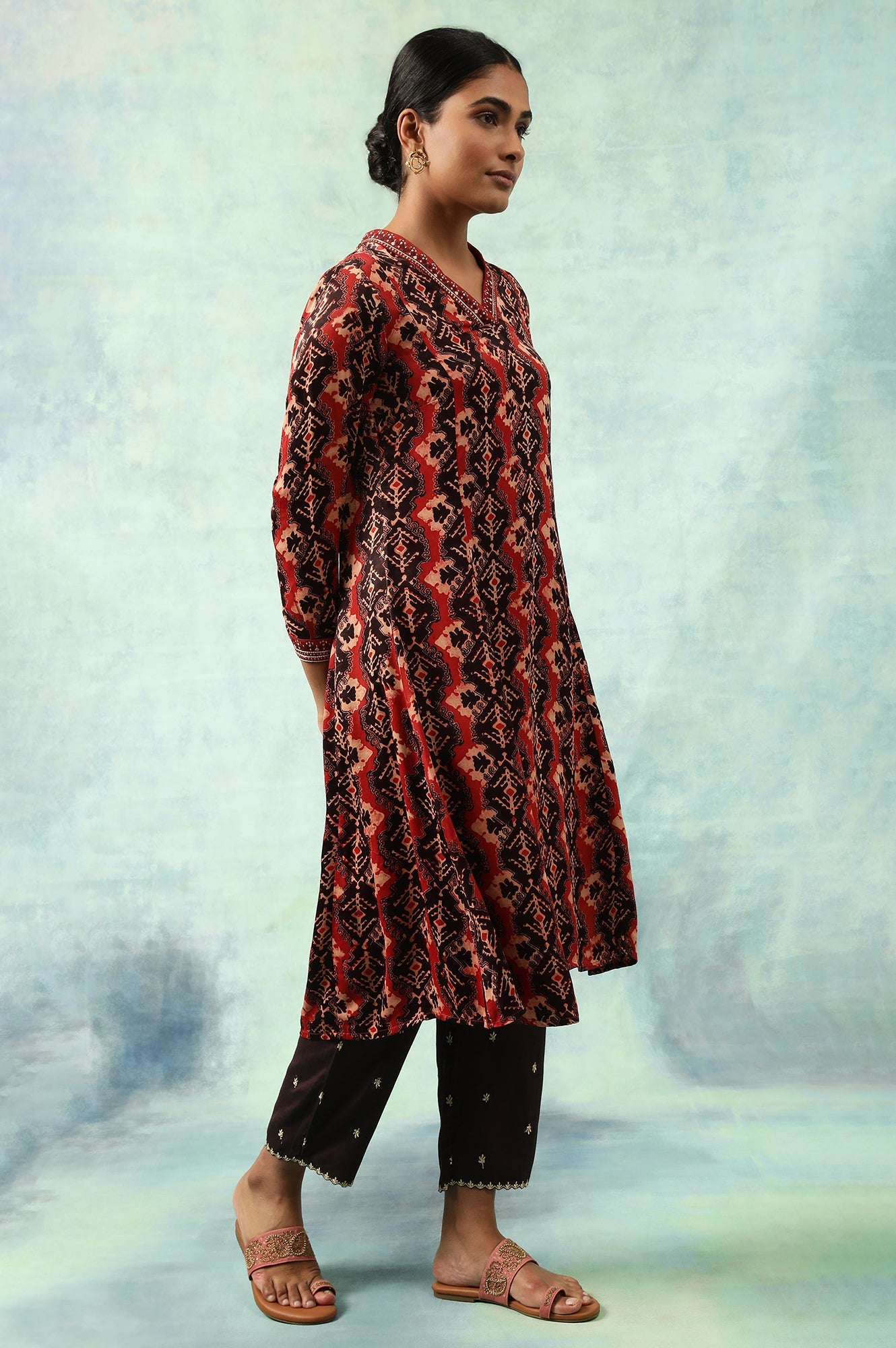 Brick Red Flared Ajrakh Print Satin kurta