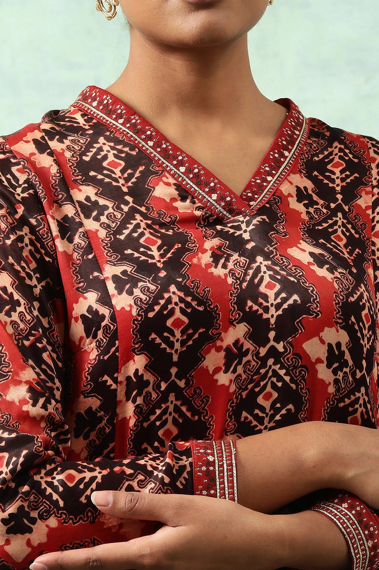 Brick Red Flared Ajrakh Print Satin kurta