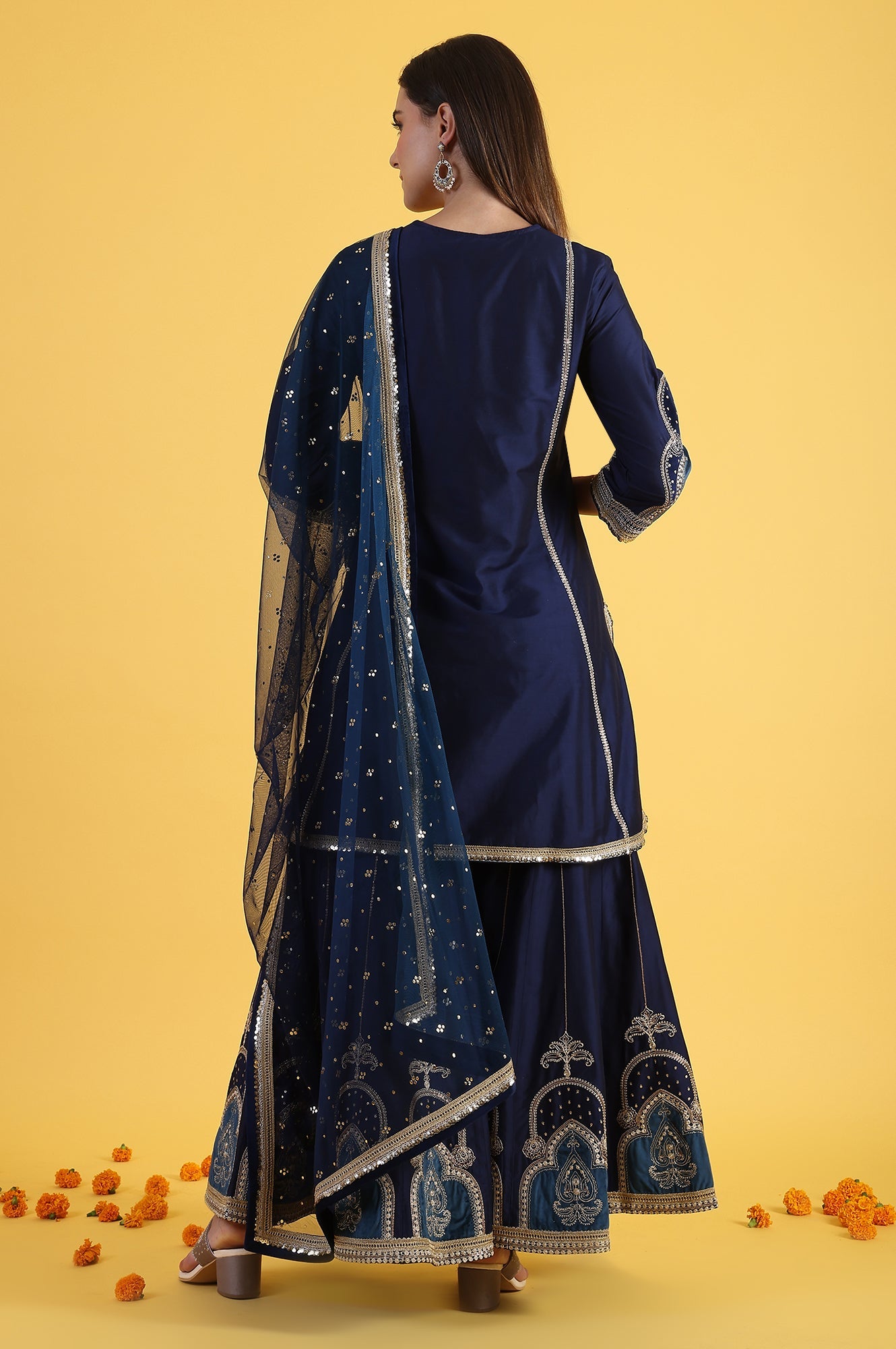 Blue Embroidered Kurta & Sharara with Dupatta Set