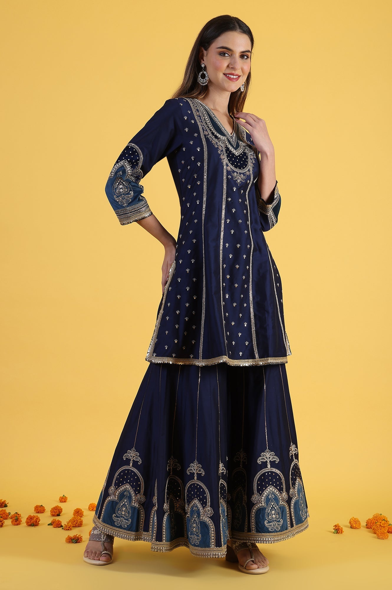 Blue Embroidered Kurta & Sharara with Dupatta Set