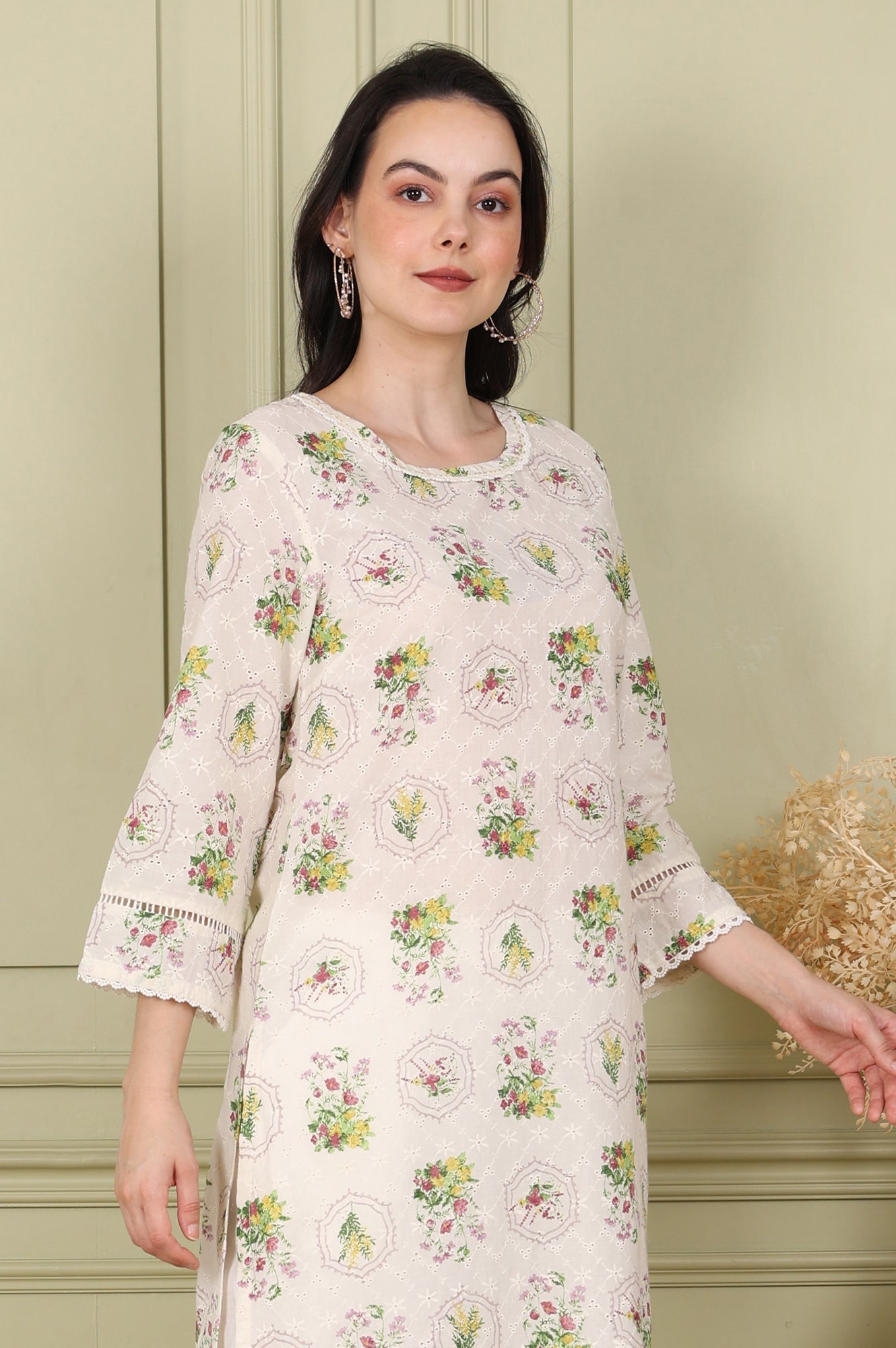 White Floral Printed Schiffli Pure Cotton Straight Kurta - wforwoman