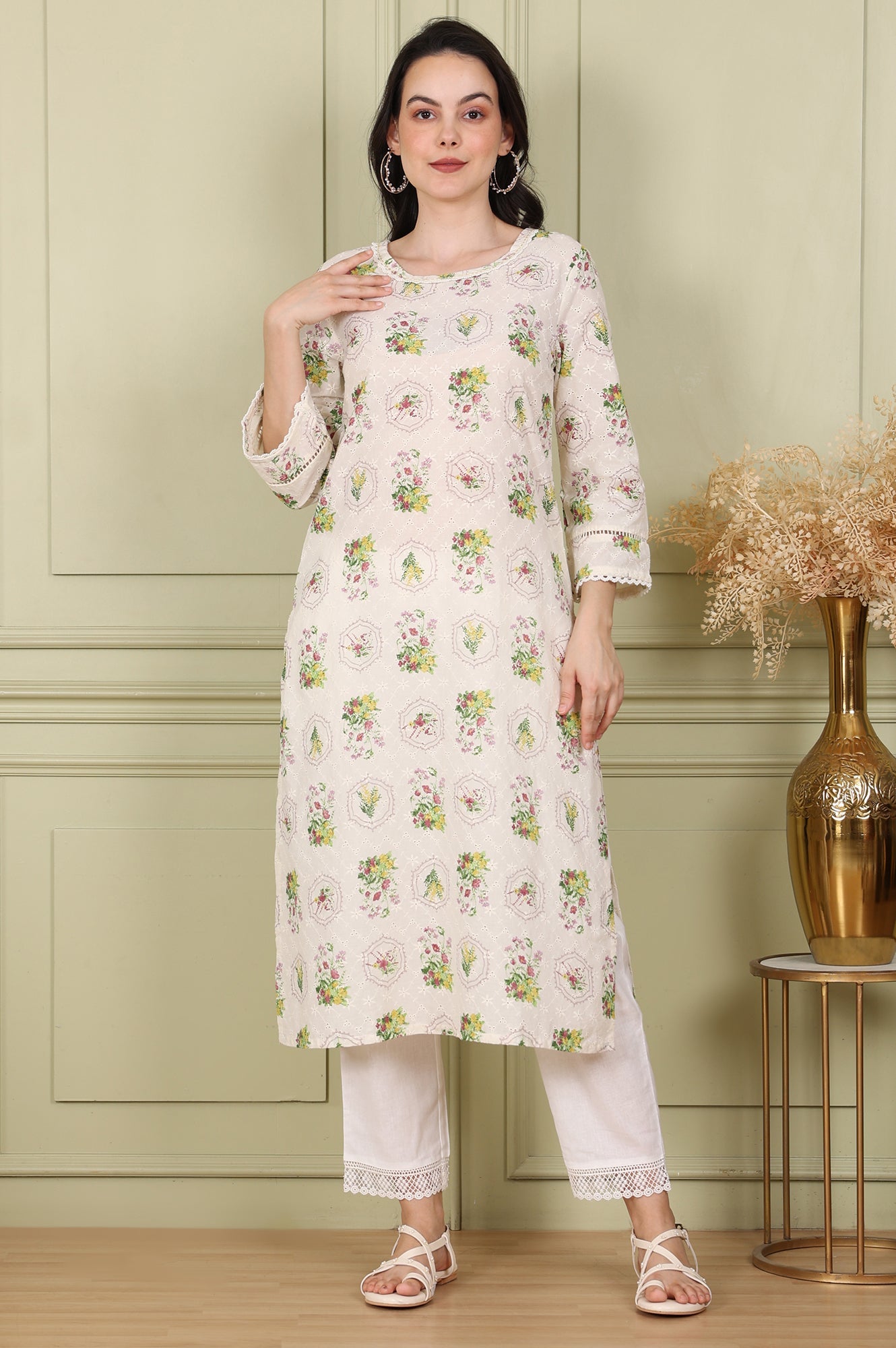 White Floral Printed Schiffli Pure Cotton Straight Kurta - wforwoman