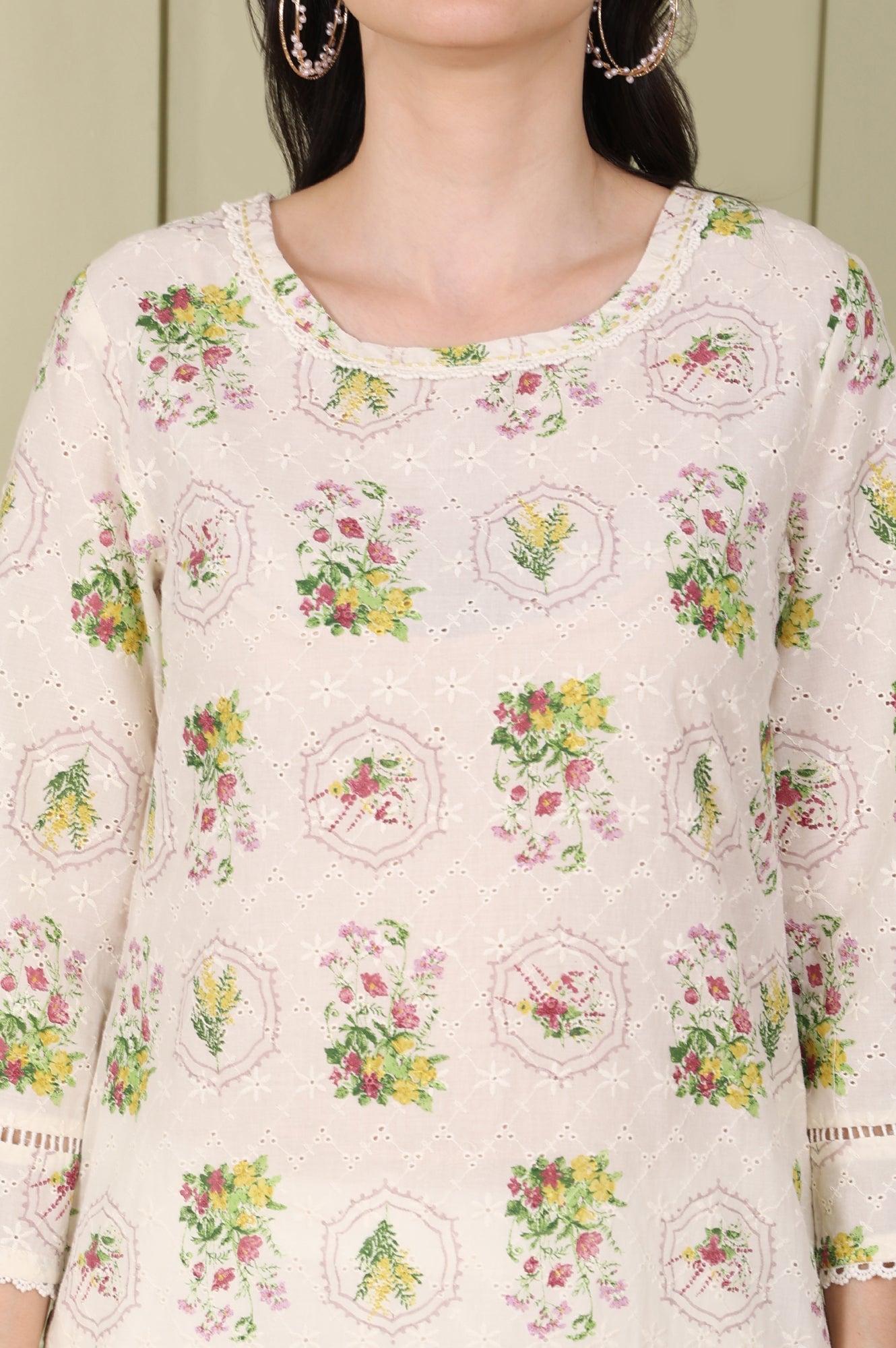 White Floral Printed Schiffli Pure Cotton Straight Kurta - wforwoman