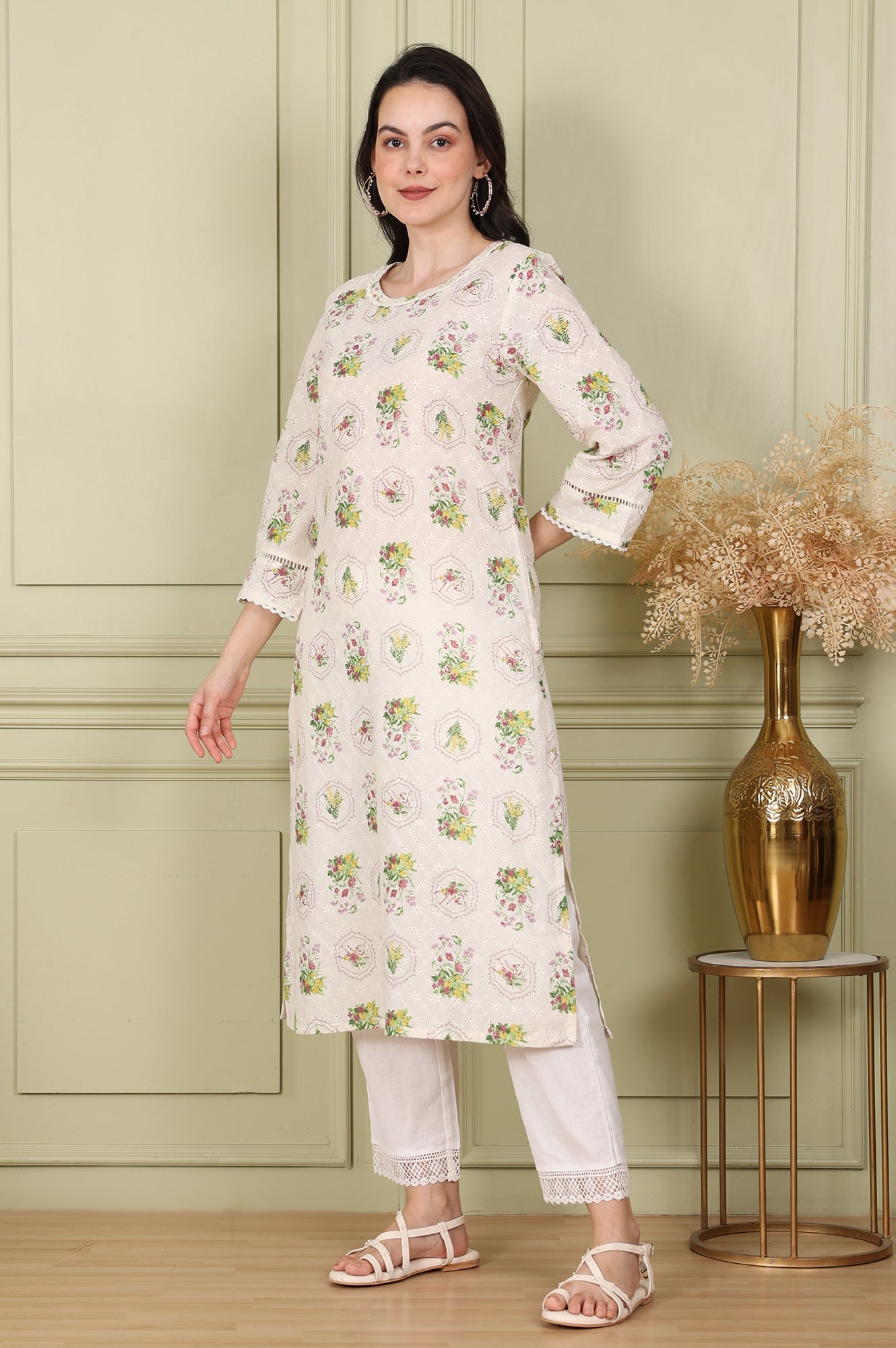 White Floral Printed Schiffli Pure Cotton Straight Kurta - wforwoman