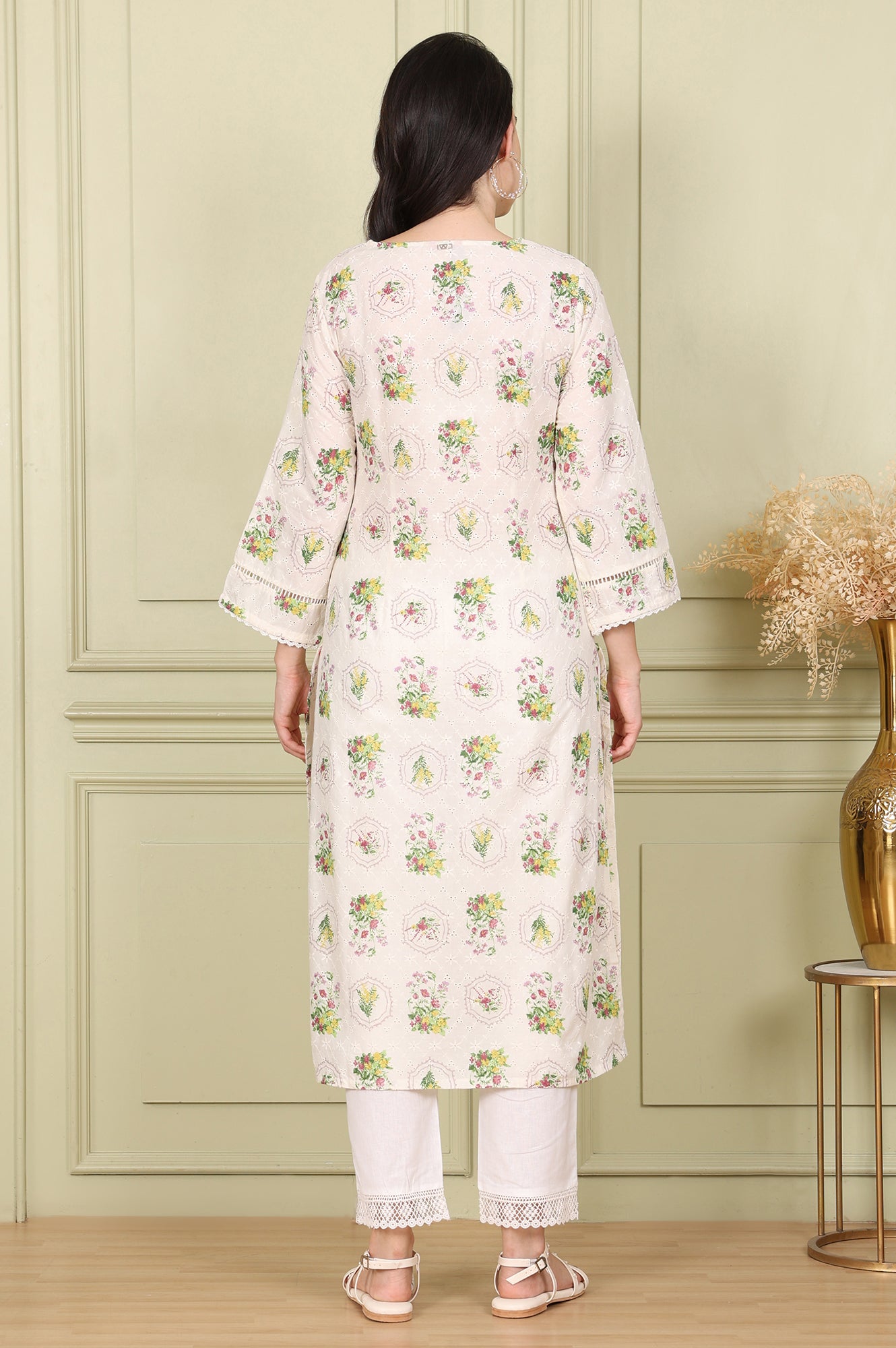 White Floral Printed Schiffli Pure Cotton Straight Kurta - wforwoman