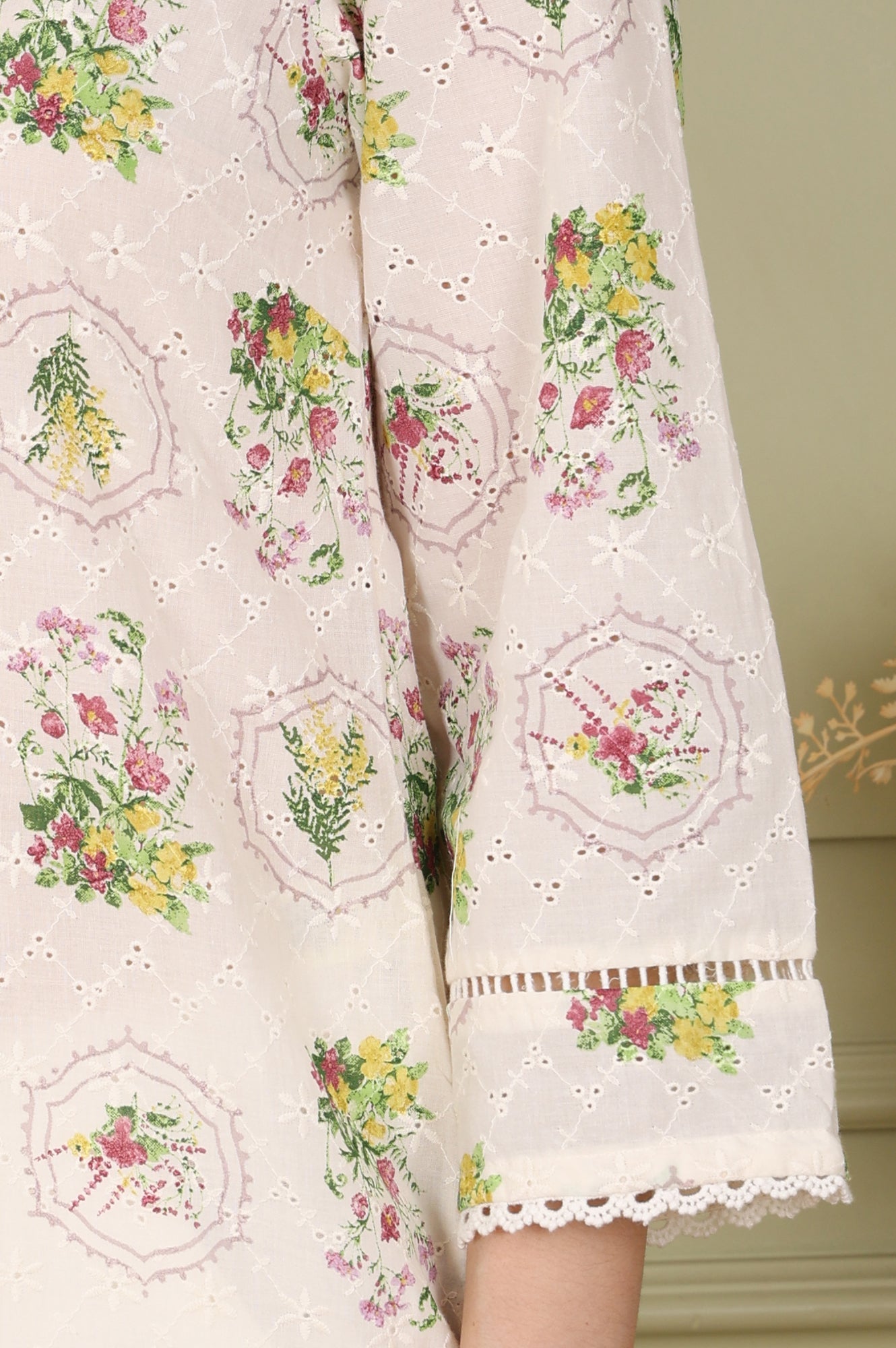 White Floral Printed Schiffli Pure Cotton Straight Kurta - wforwoman