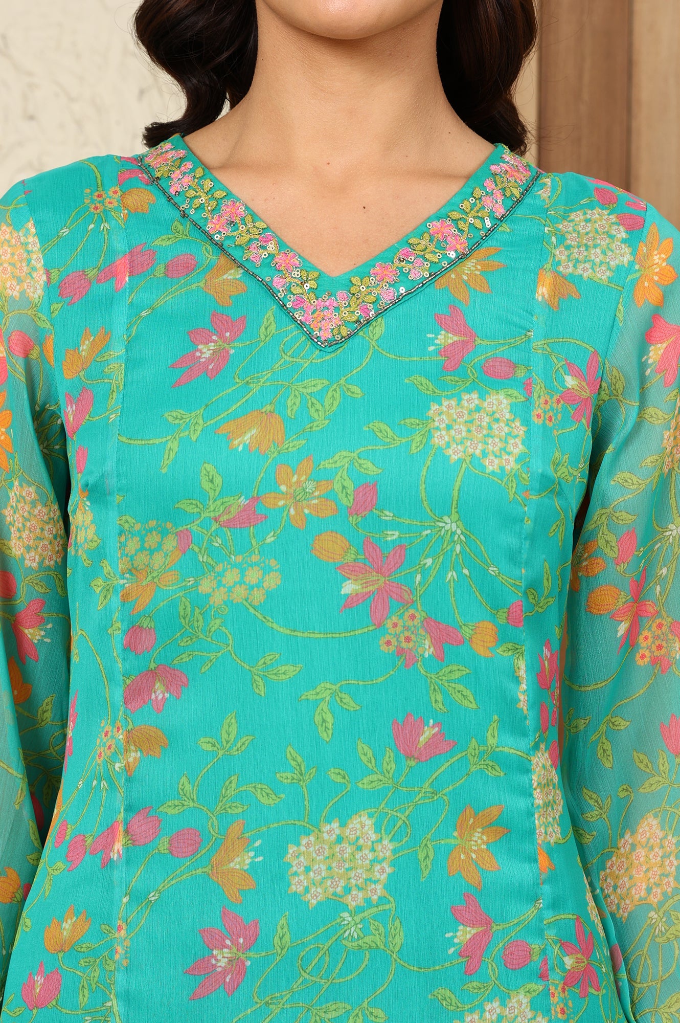 Teal Blue Floral Printed Embroidered Neckline Chiffon A-Line Kurta - wforwoman