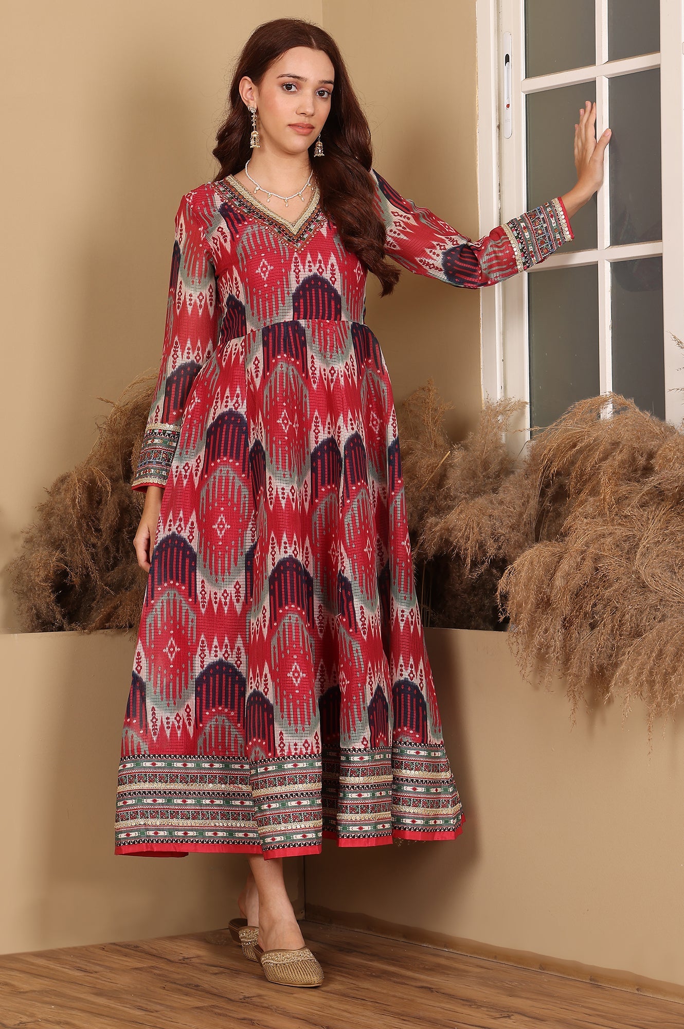 Red And Multi-Coloured Ikkat Printed Flared Dress With Thread & Mirror Work - wforwoman