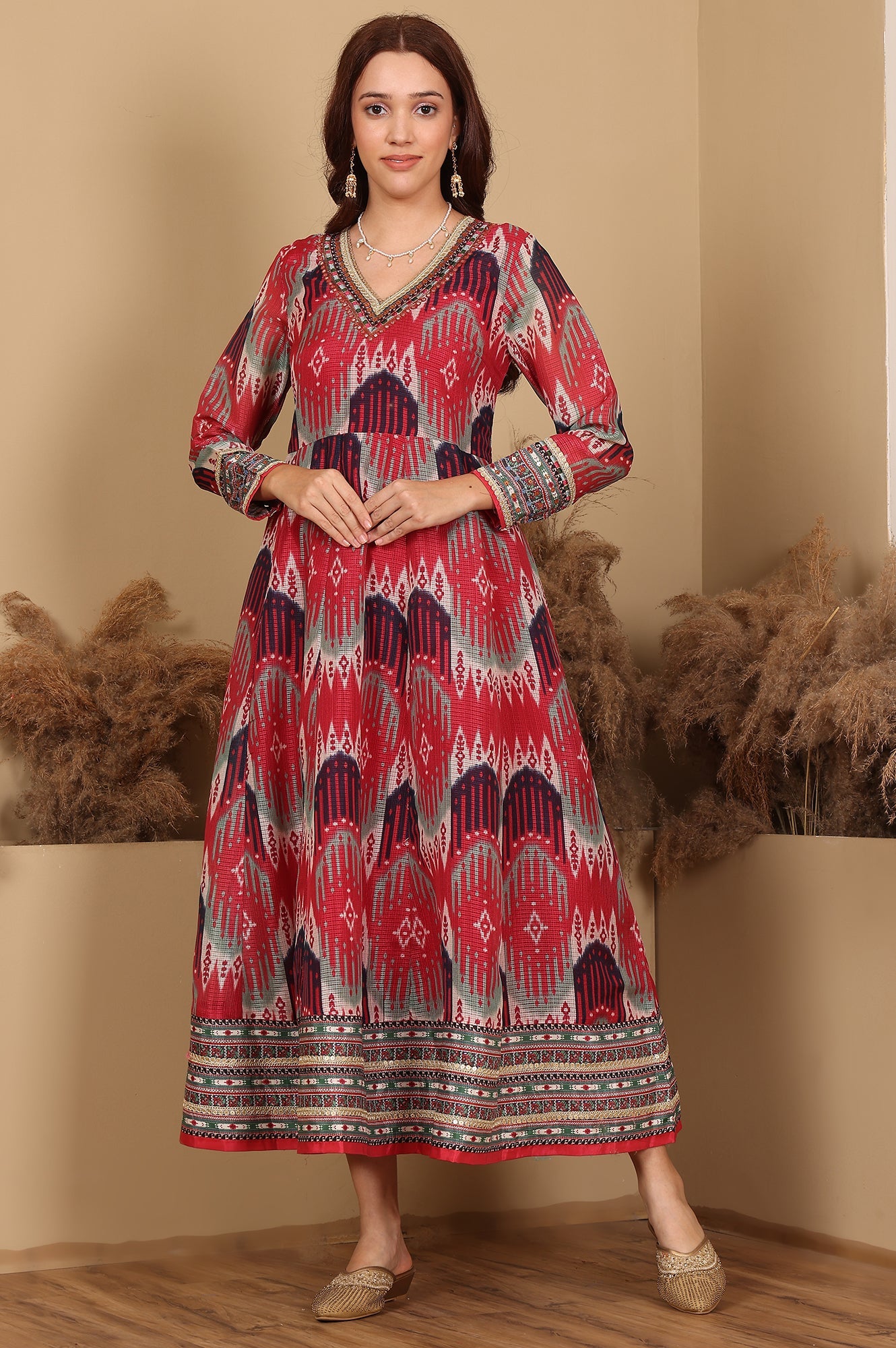 Red And Multi-Coloured Ikkat Printed Flared Dress With Thread & Mirror Work - wforwoman