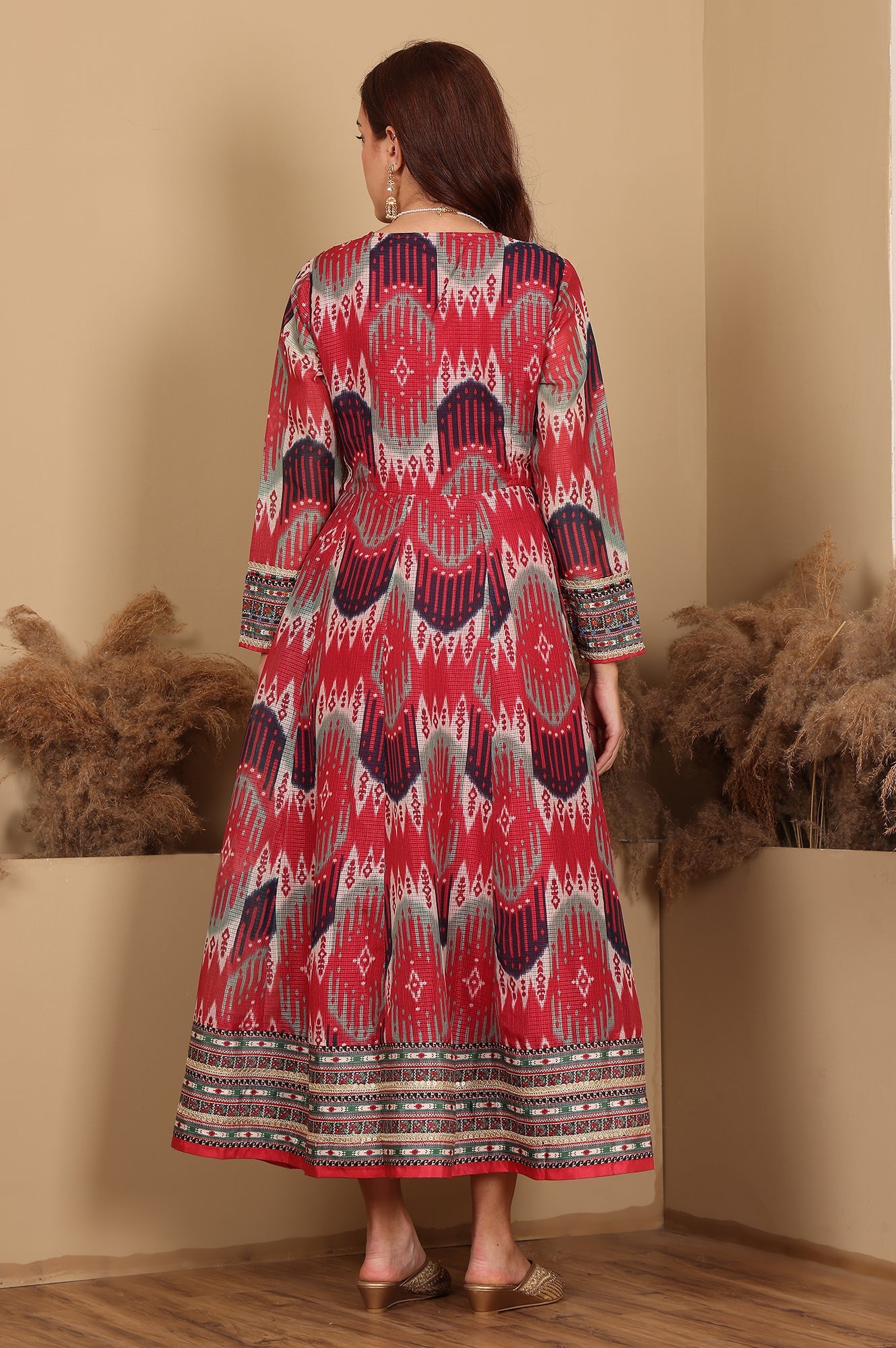 Red And Multi-Coloured Ikkat Printed Flared Dress With Thread & Mirror Work - wforwoman