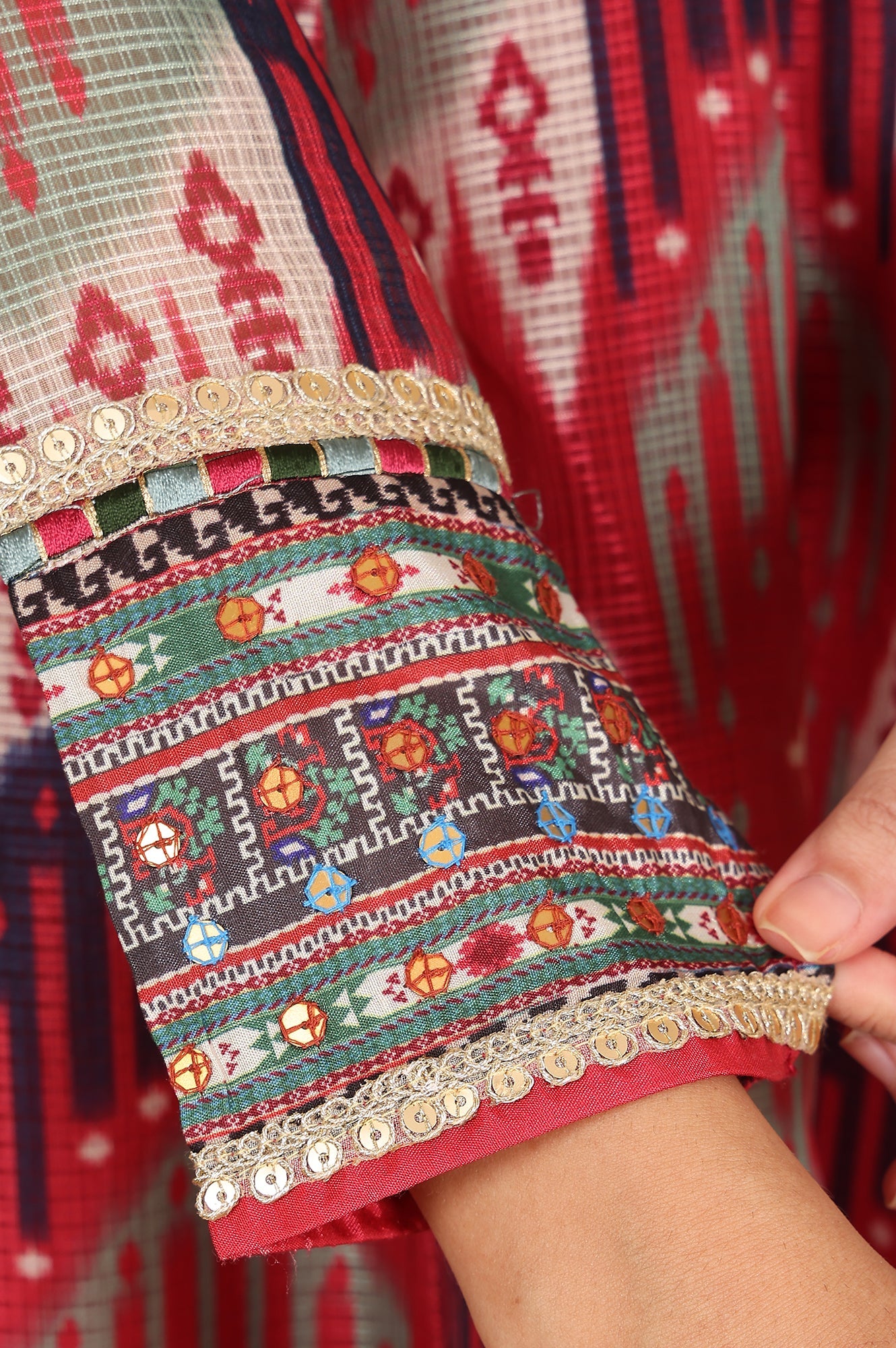 Red And Multi-Coloured Ikkat Printed Flared Dress With Thread & Mirror Work - wforwoman