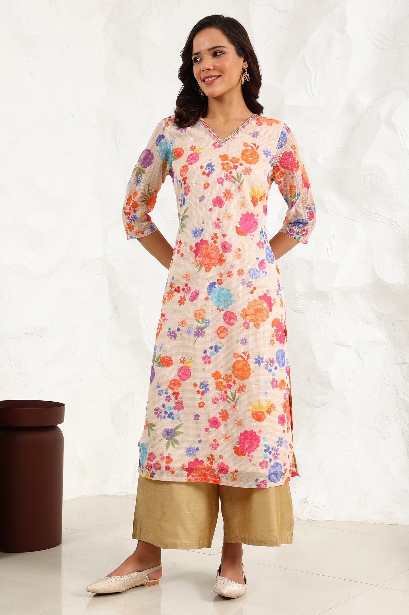 Cream Digital Foil Floral Printed Sequined Kota Straight Kurta - wforwoman