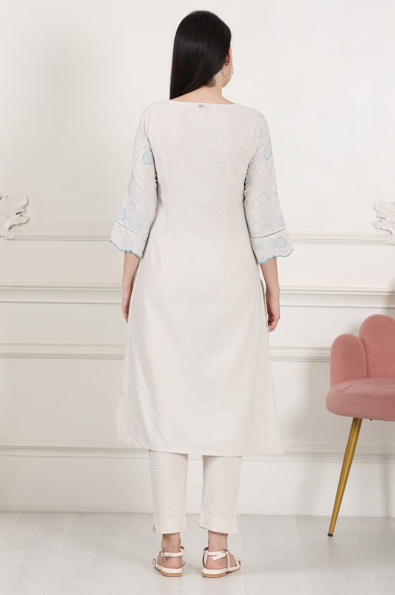 Beige Thread Work Linen Straight Kurta With Scalloped Hemline - wforwoman