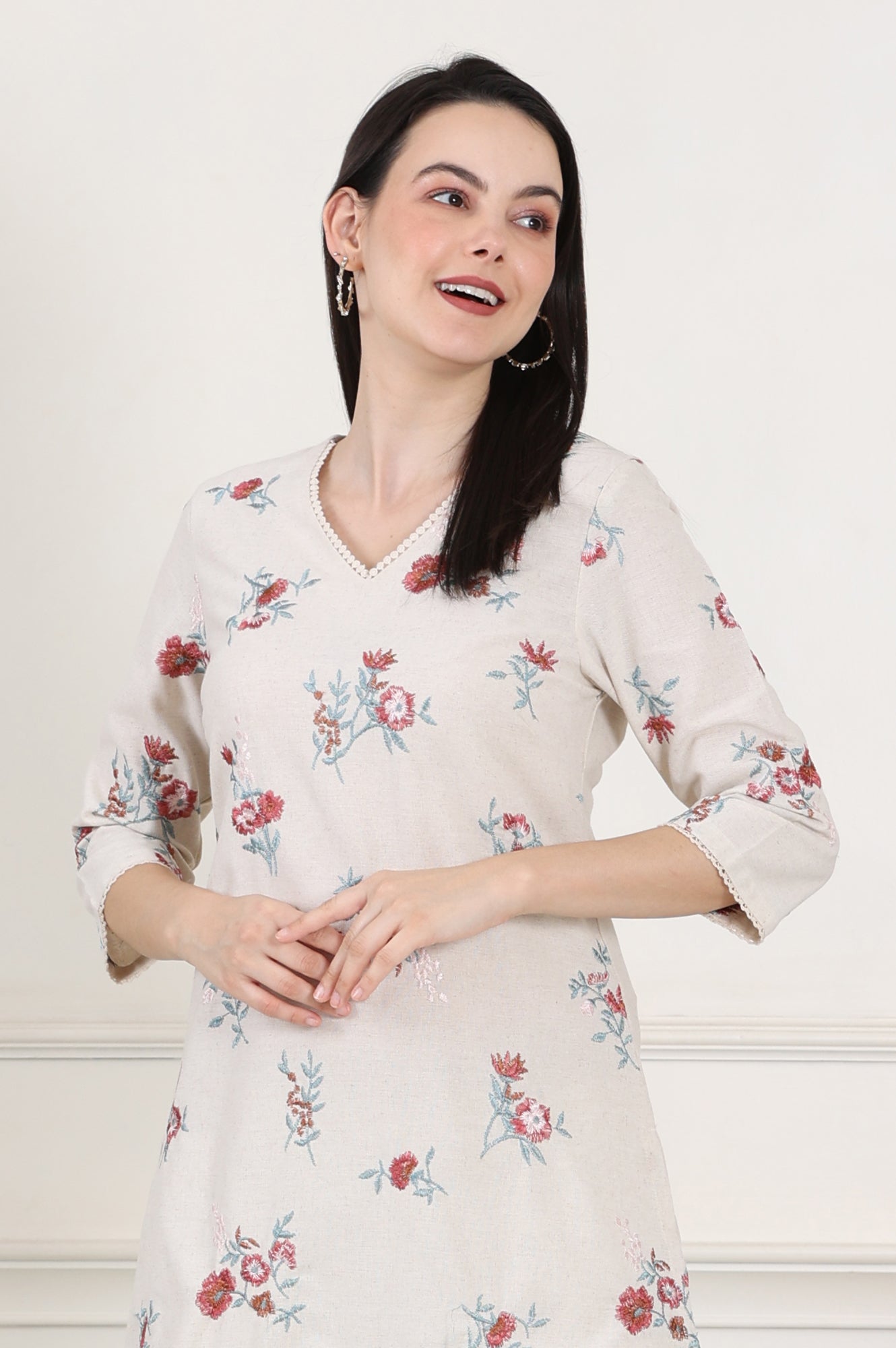 Beige Linen Straight Kurta With Multi-Coloured Thread Work - wforwoman