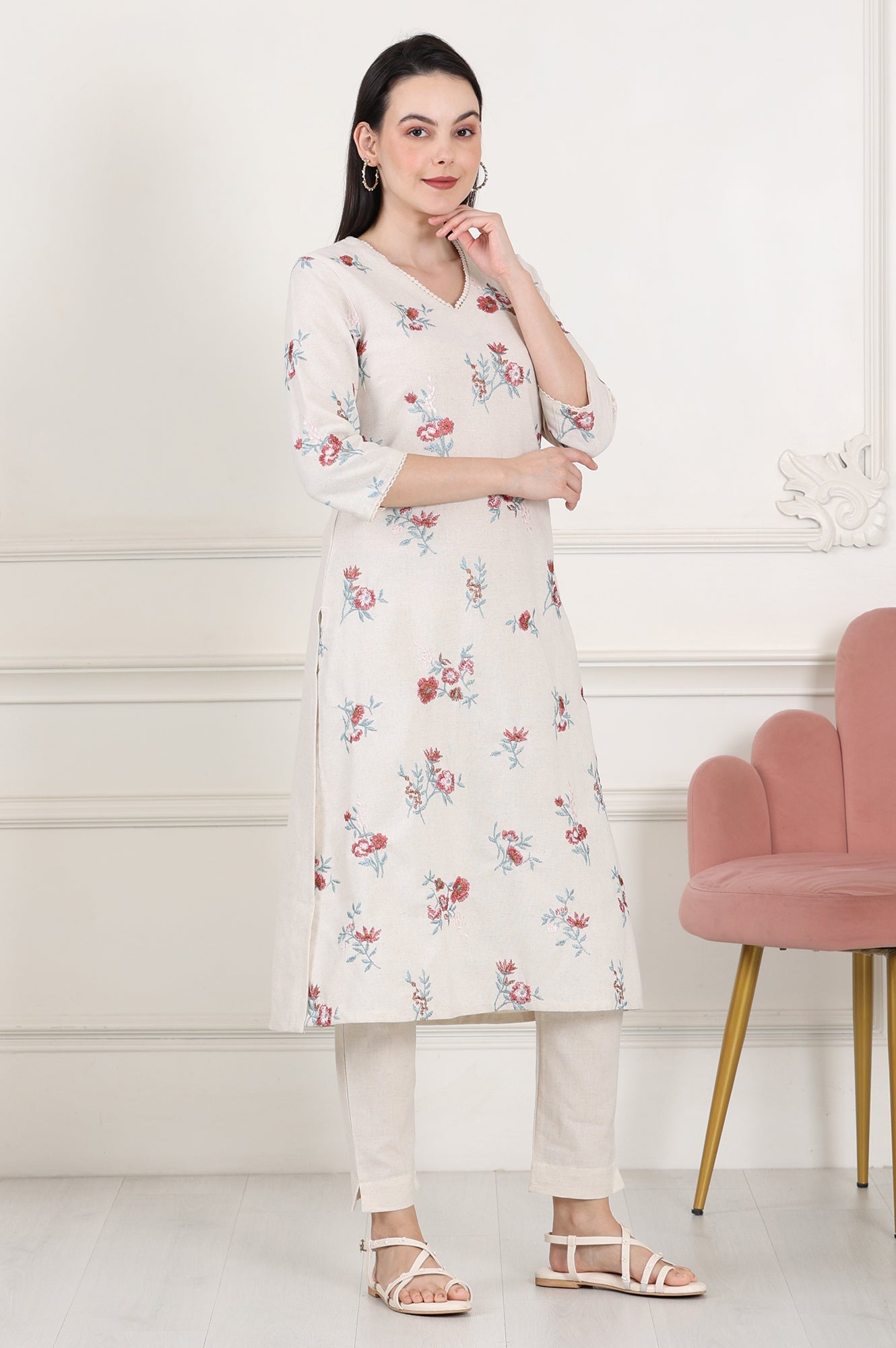 Beige Linen Straight Kurta With Multi-Coloured Thread Work - wforwoman