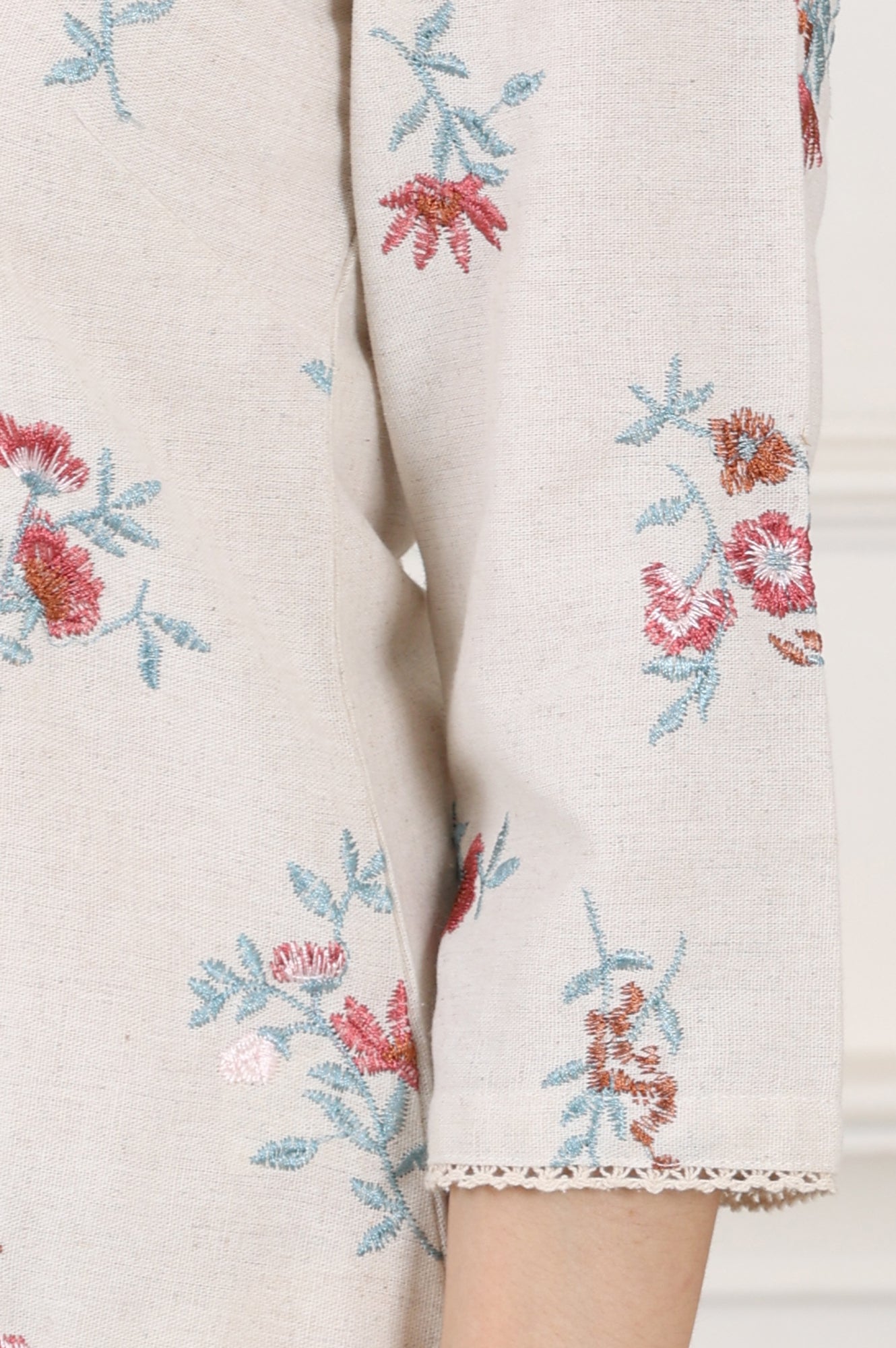 Beige Linen Straight Kurta With Multi-Coloured Thread Work - wforwoman