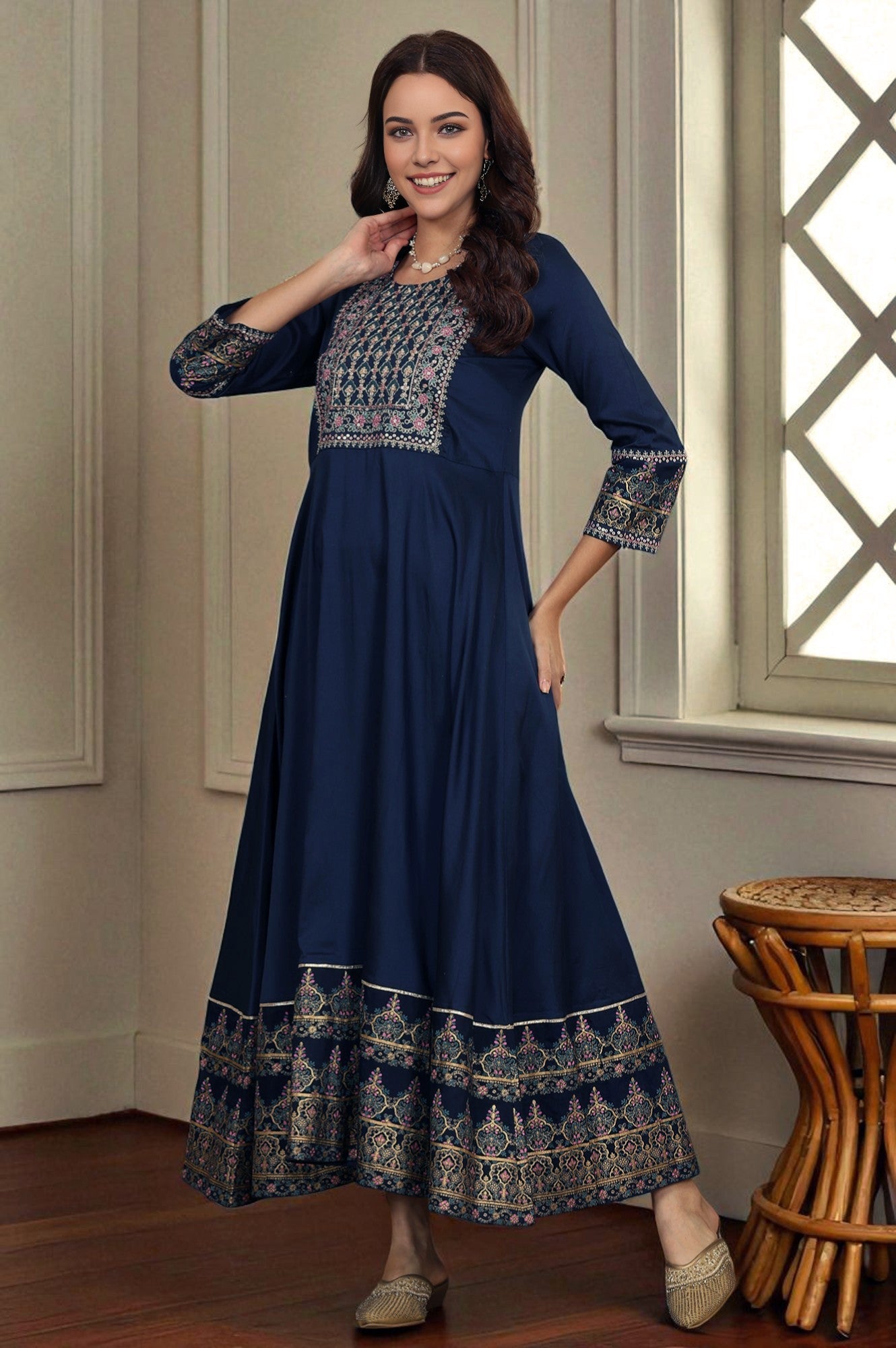 anarkali dress navy blue Cbazaar Women's Anarkali Suit | Navy Blue Georgette Zari Embroidered Sequins Anarkali Suit | Blue | Chic Style | Eid | Classic Neck Style