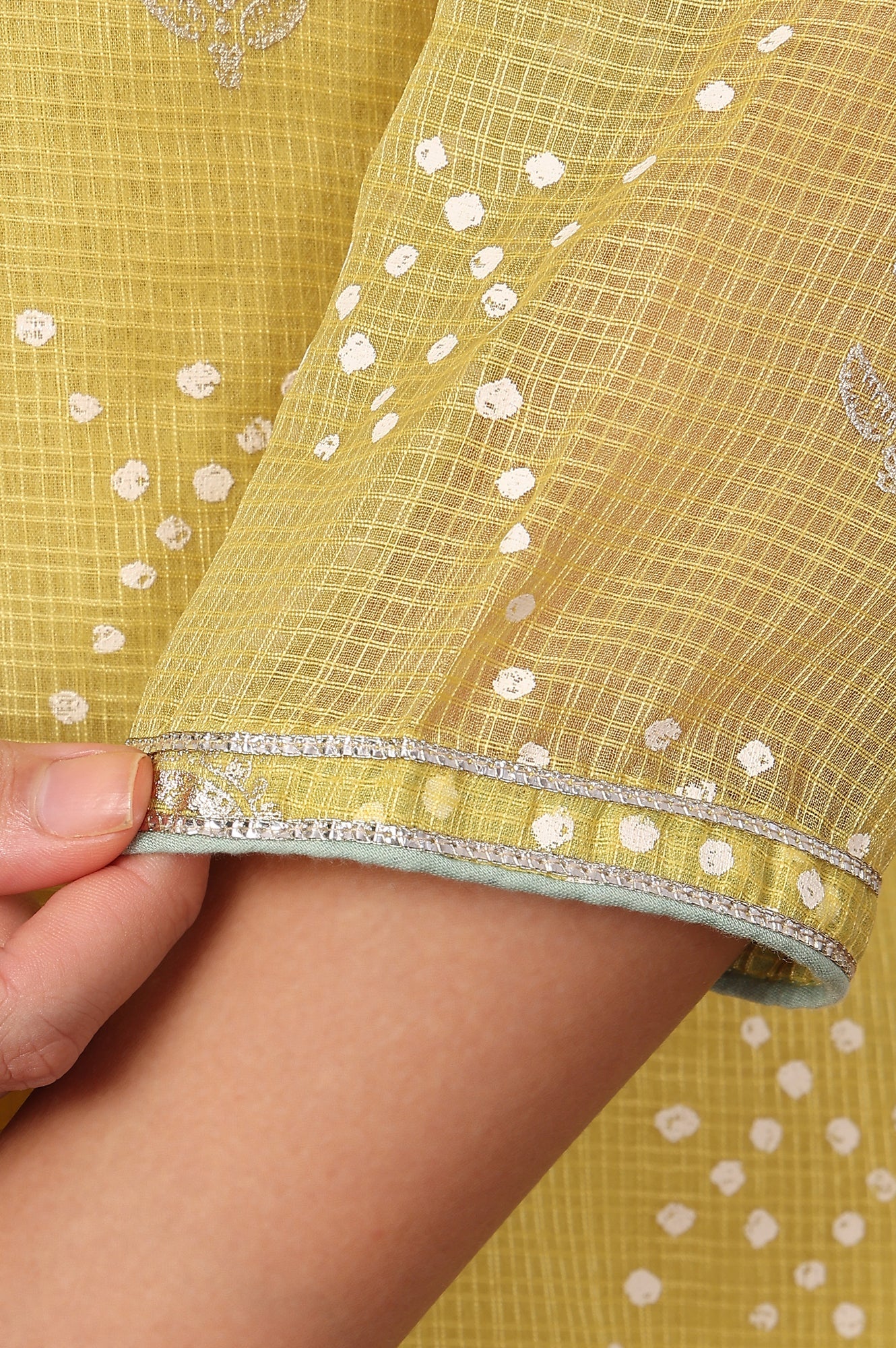Yellow Geometric Foil Printed Zari Embroidered Straight Kota Doriya Kurta