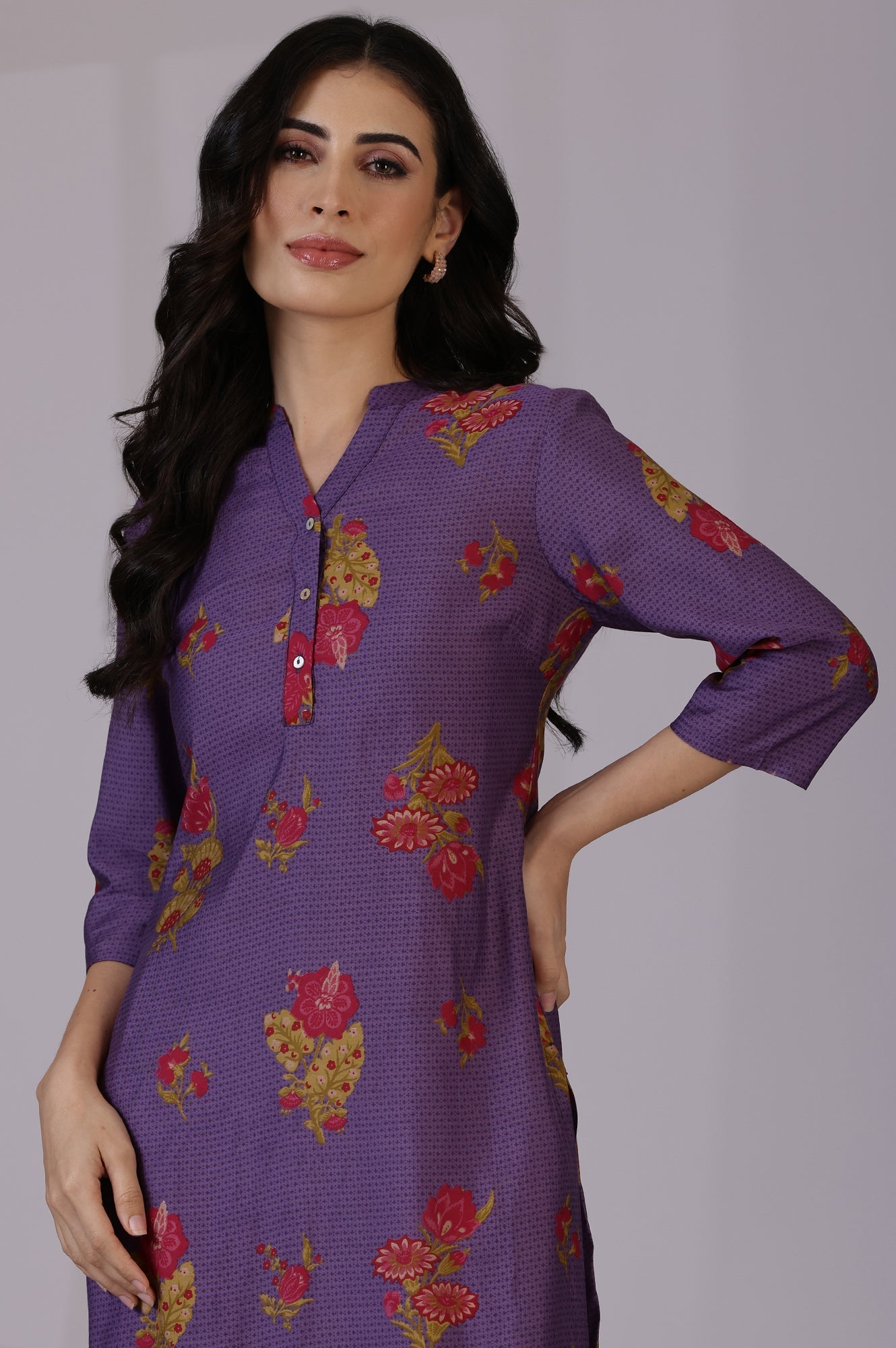 Purple Floral Straight Muslin Kurta