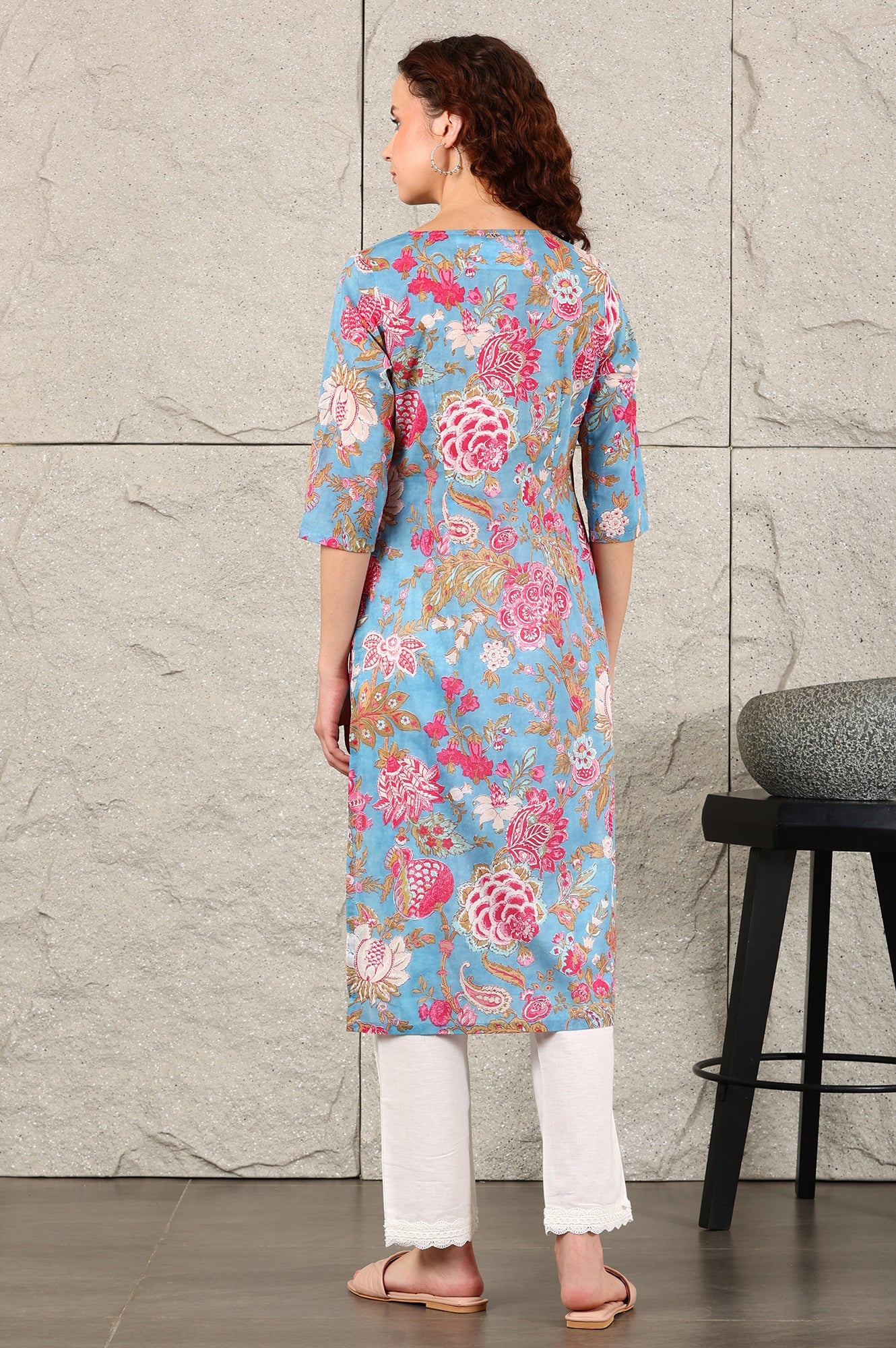 Blue Floral Straight Cotton Kurta