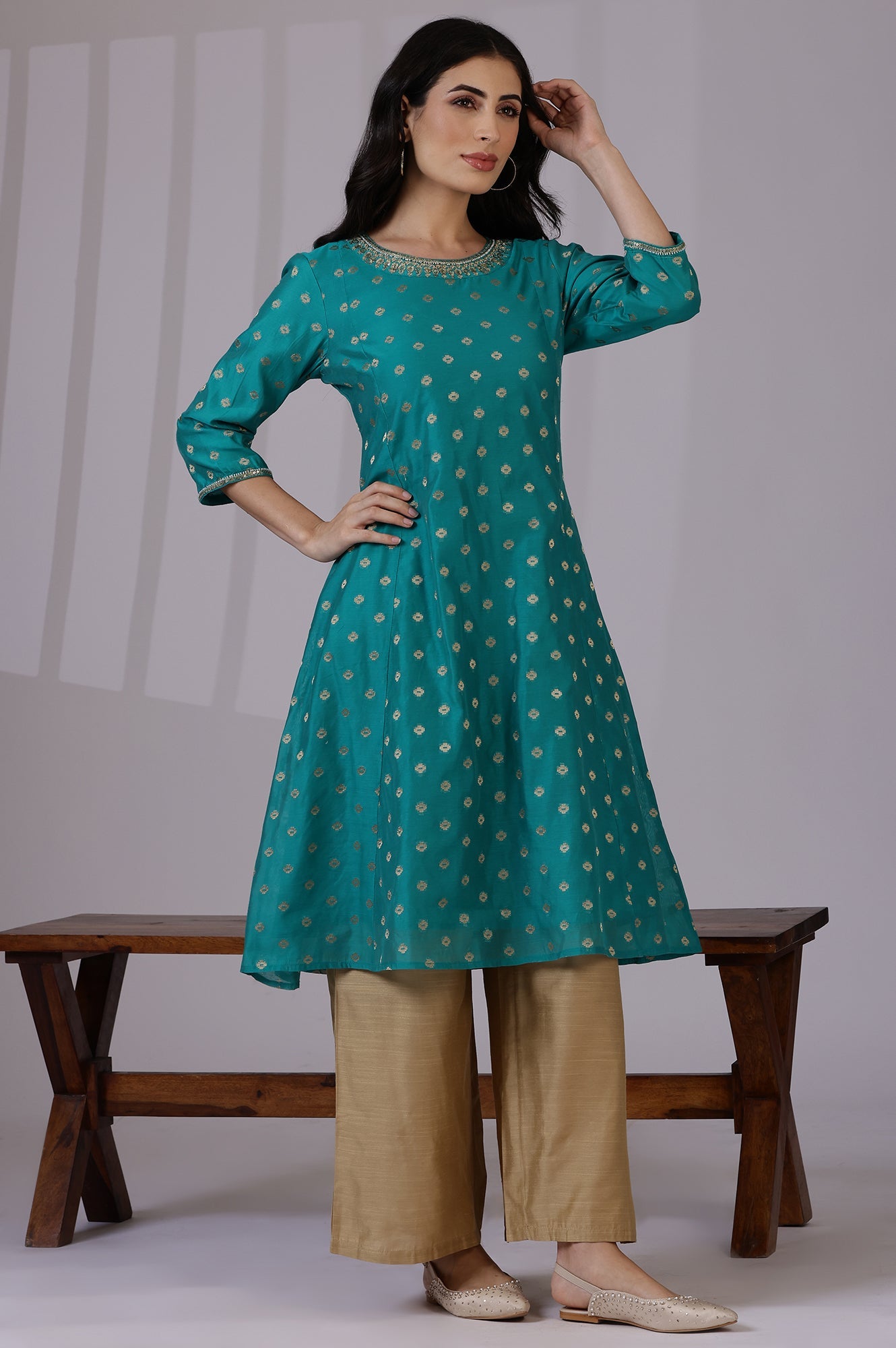Teal Green Yarn-Dyed Chanderi Straight Kurta with Embroidered Neck