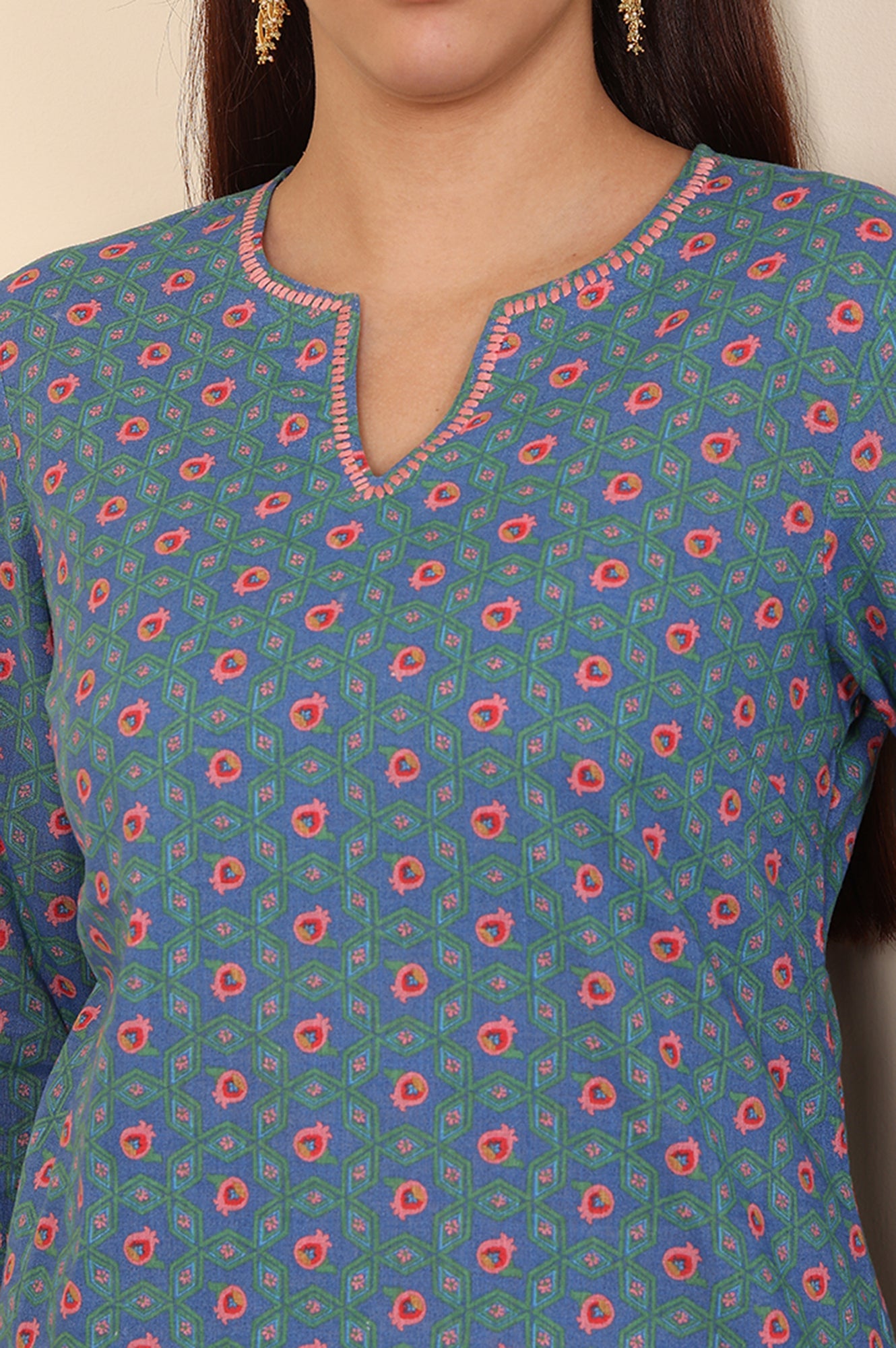 Blue Geometric Thread Work Straight Cotton Kurta