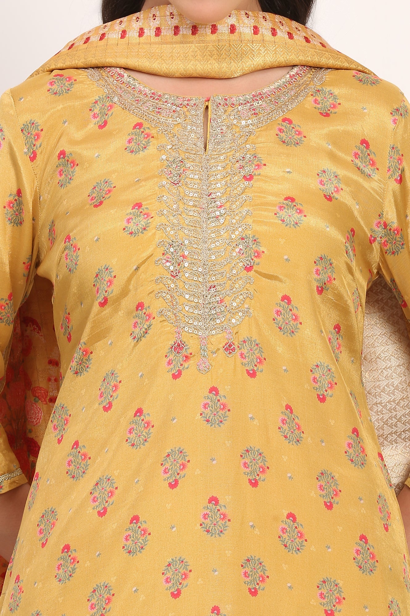 Yellow Floral Printed Metallic Embroidery Flared Kurta, Sharara and Dupatta Set