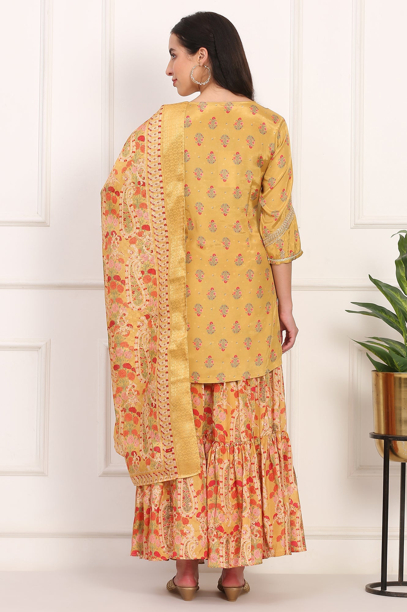 Yellow Floral Printed Metallic Embroidery Flared Kurta, Sharara and Dupatta Set