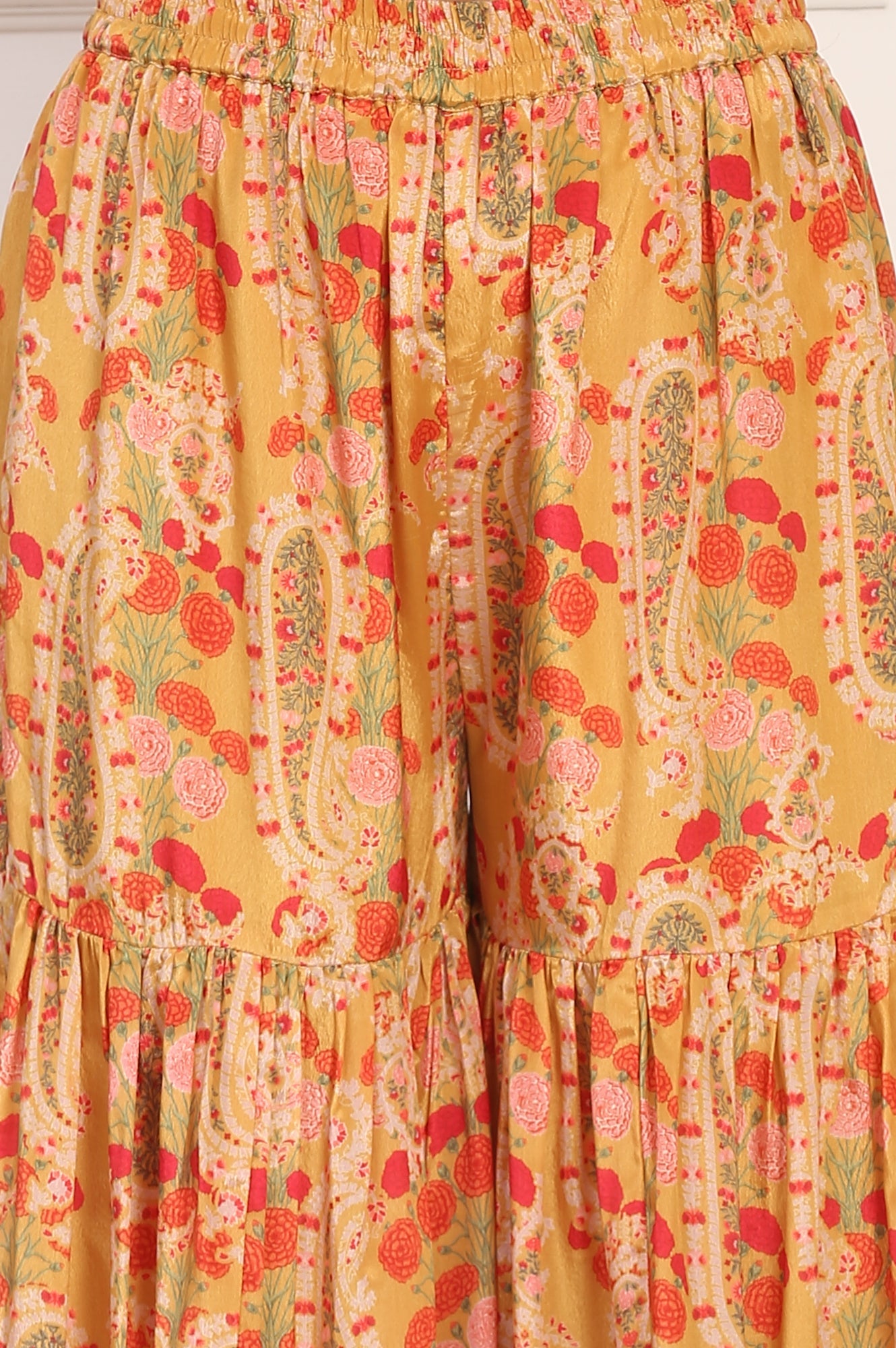 Yellow Floral Printed Metallic Embroidery Flared Kurta, Sharara and Dupatta Set