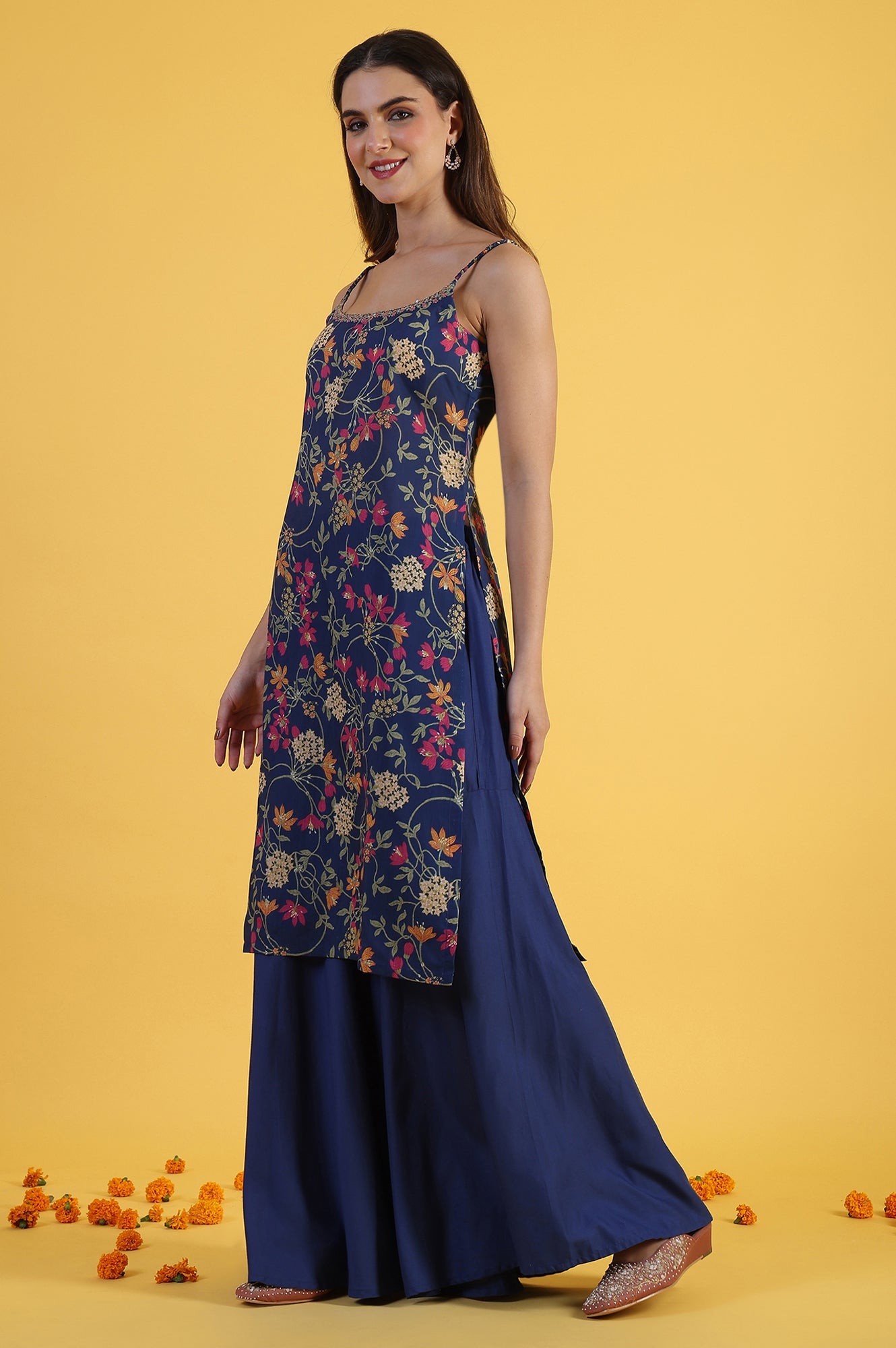 Blue Printed Metallic Embroidery Straight Kurta & Sharara with Dupatta Set