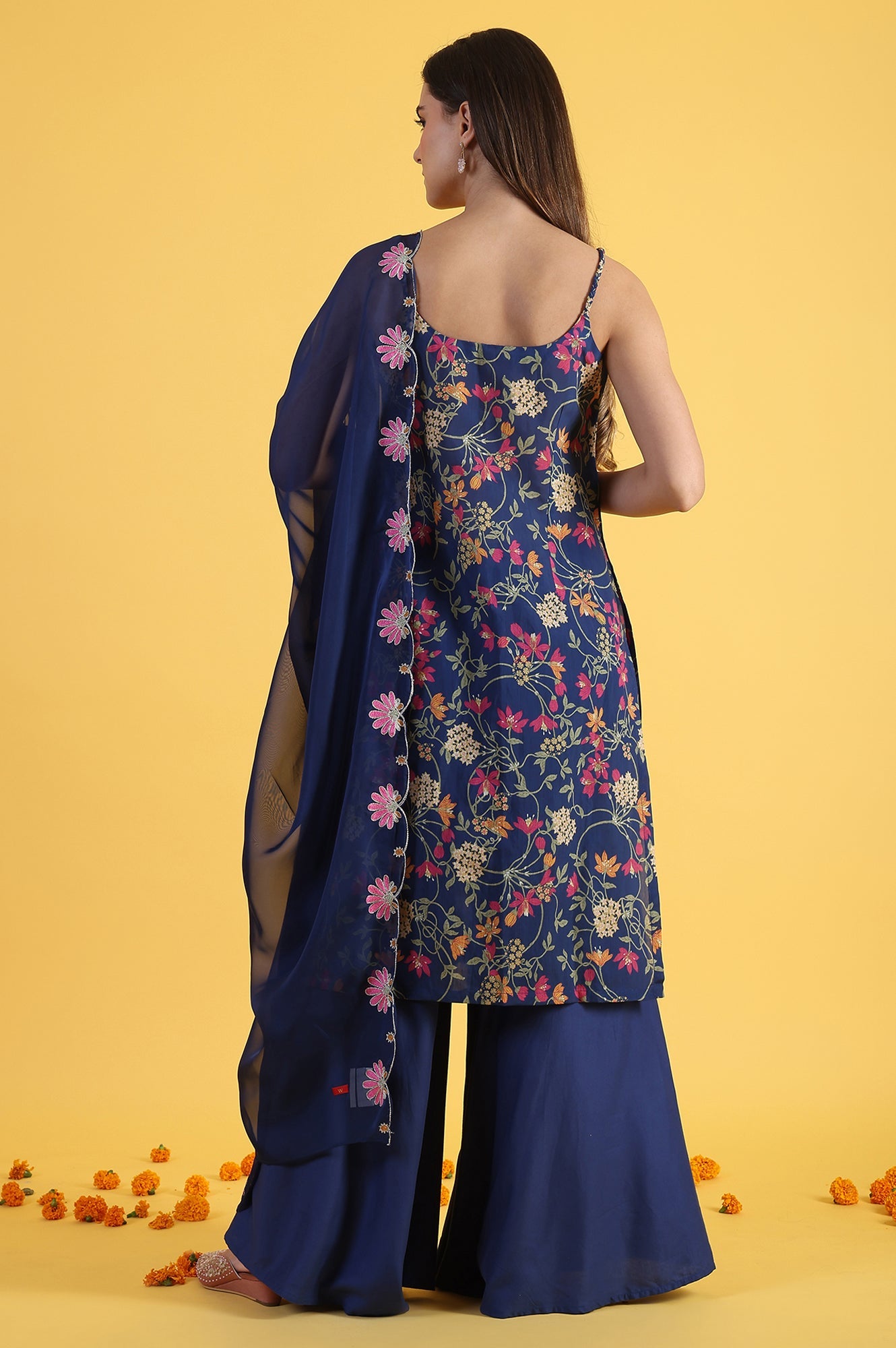 Blue Printed Metallic Embroidery Straight Kurta & Sharara with Dupatta Set