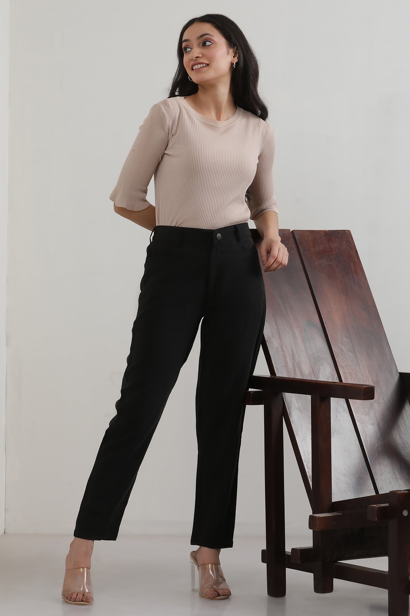 Black Solid Rayon Straight Trousers & Pants