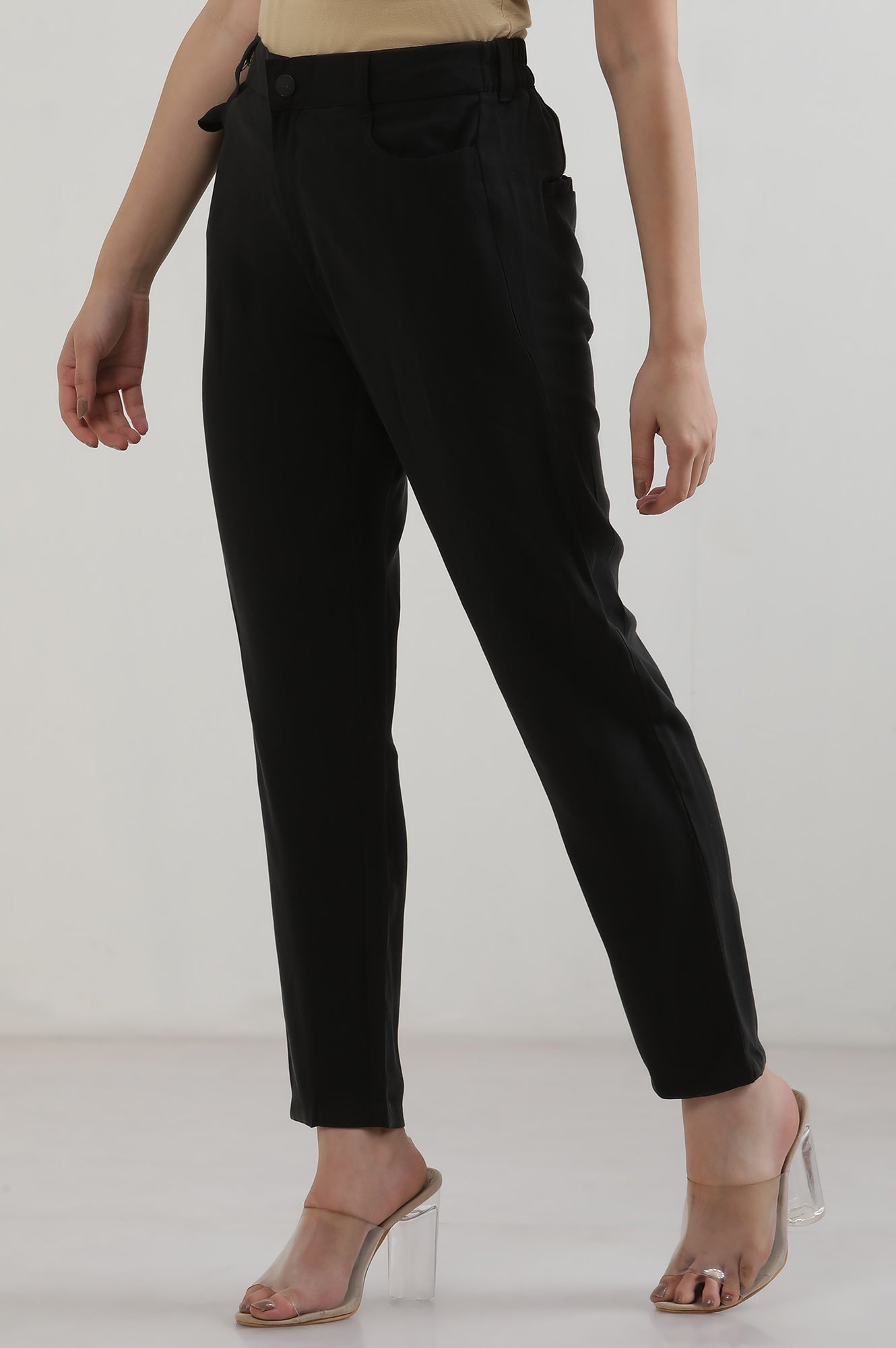 Black Solid Rayon Straight Trousers & Pants