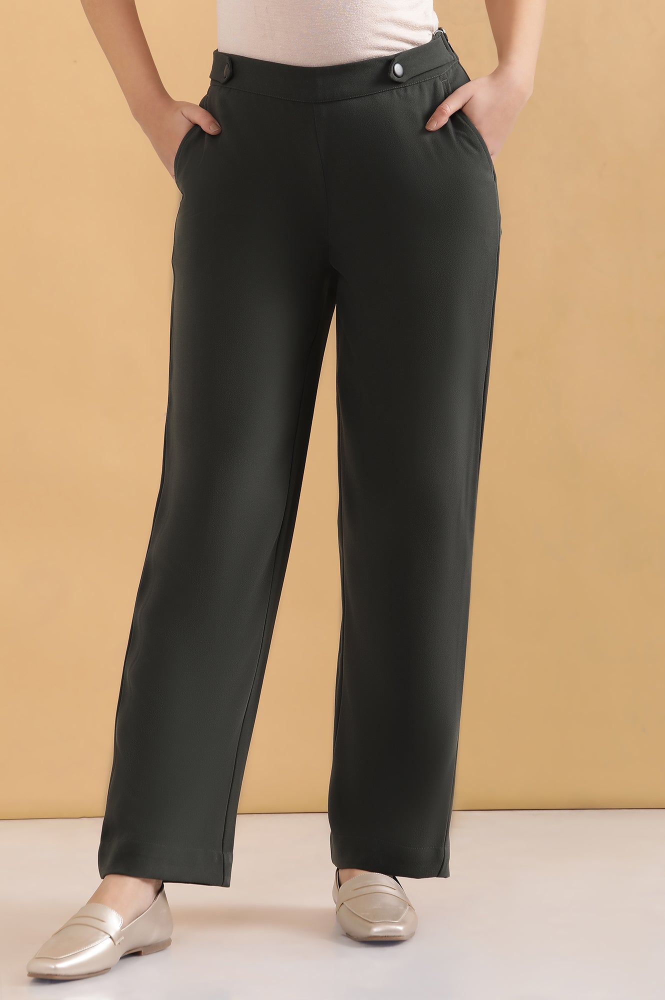 Olive Green Solid Straight-fit Woven Pants with Side Pockets