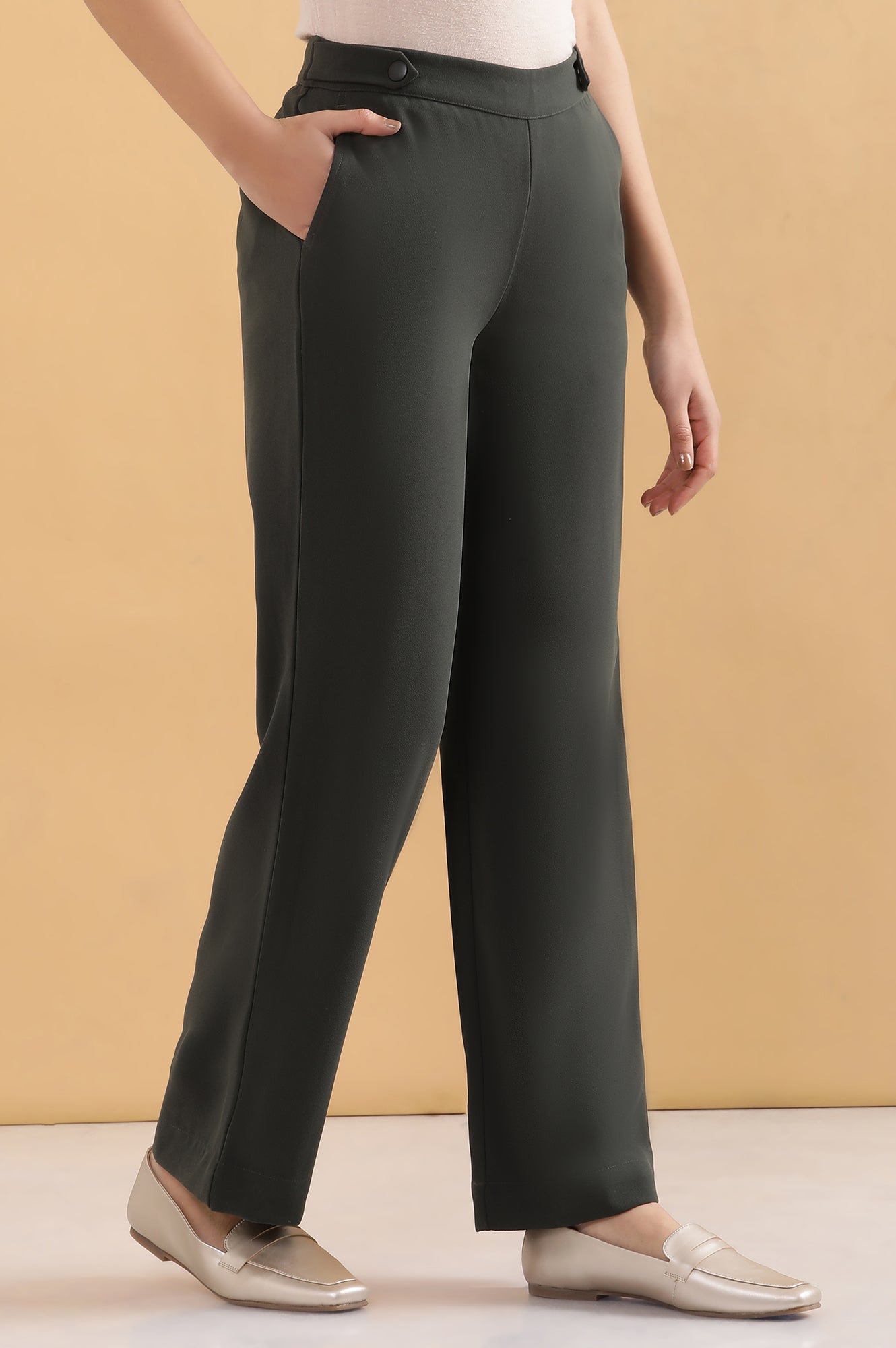 Olive Green Solid Straight-fit Woven Pants with Side Pockets