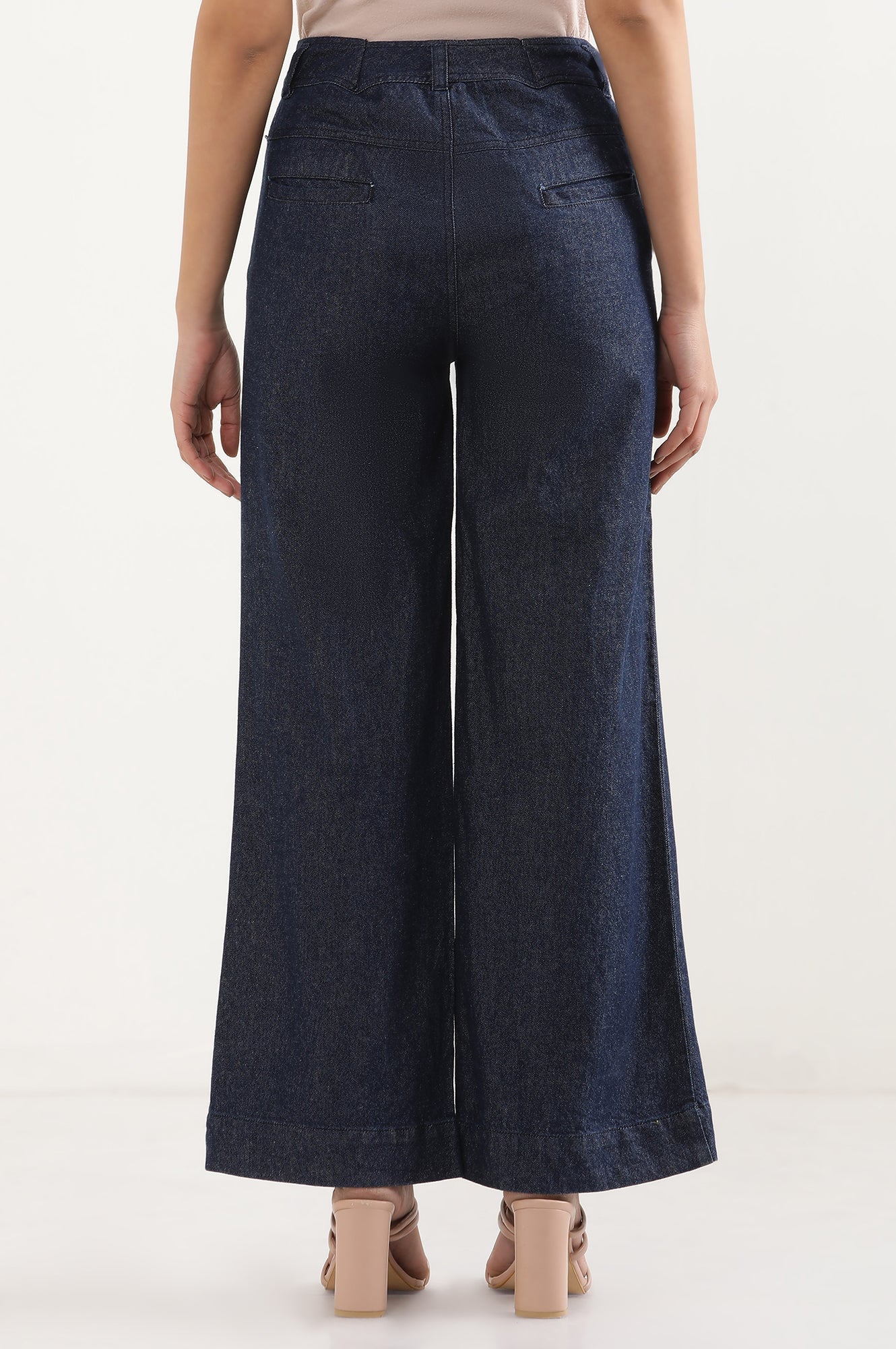 Navy Blue Solid Flared Denim Pants with Button Detail
