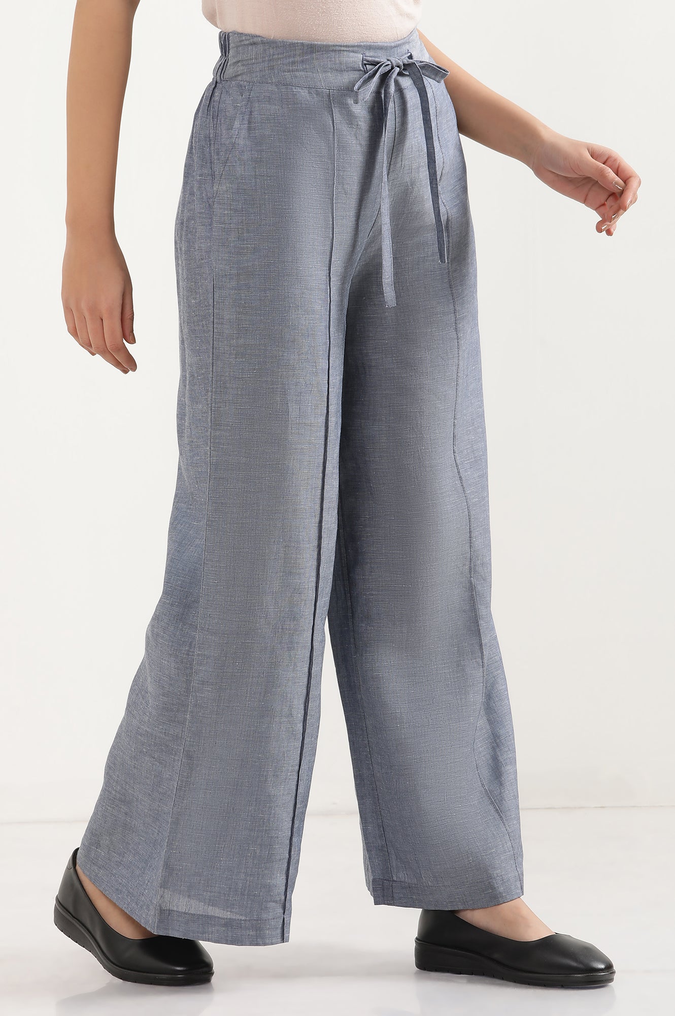 Blue Solid Flared Denim Pants With Tie Detail