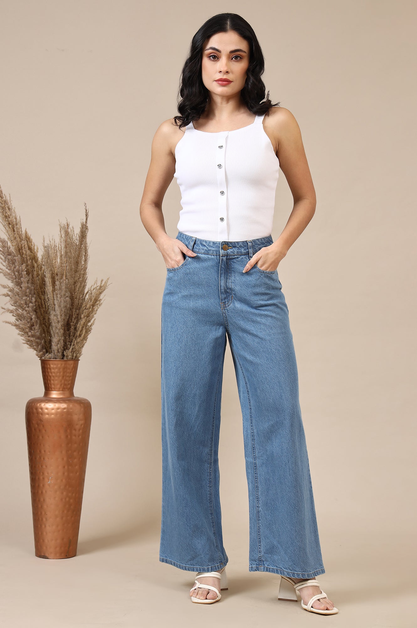 Light Blue Solid Flared Cotton Denim Pants With High Waisted Design