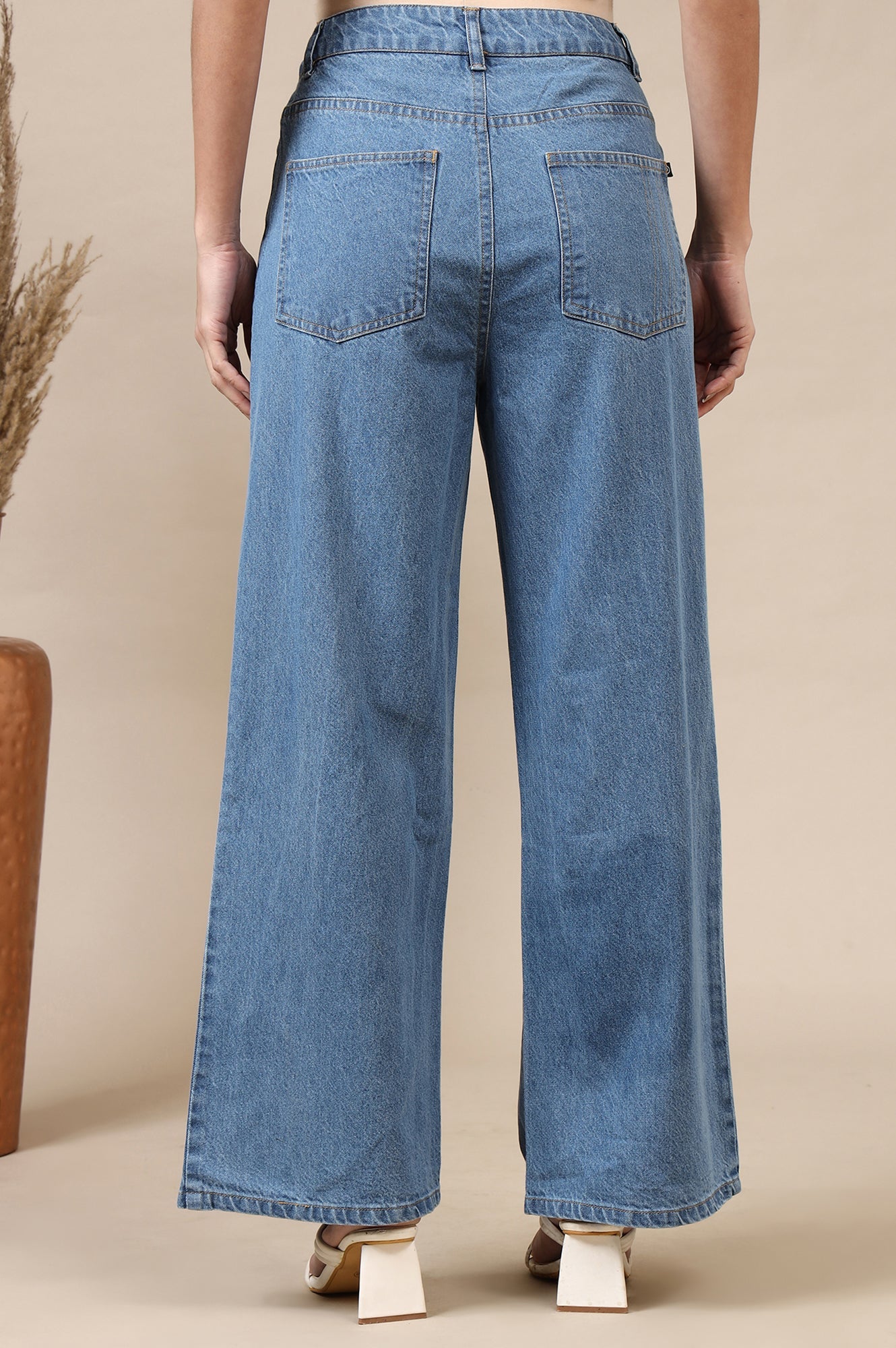 Light Blue Solid Flared Cotton Denim Pants With High Waisted Design
