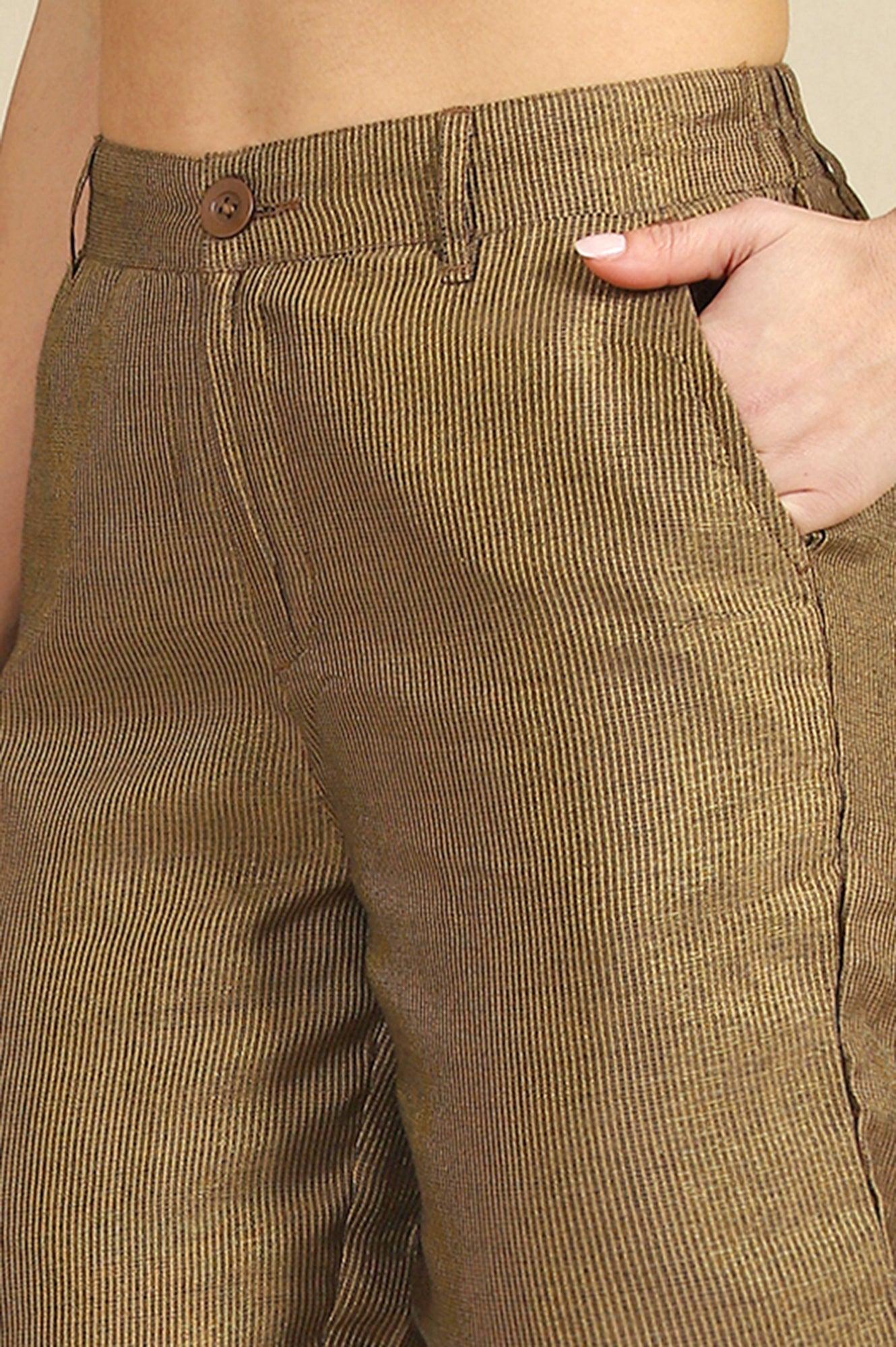 Brown Yarn Dyed Zari Straight Trousers & Pants