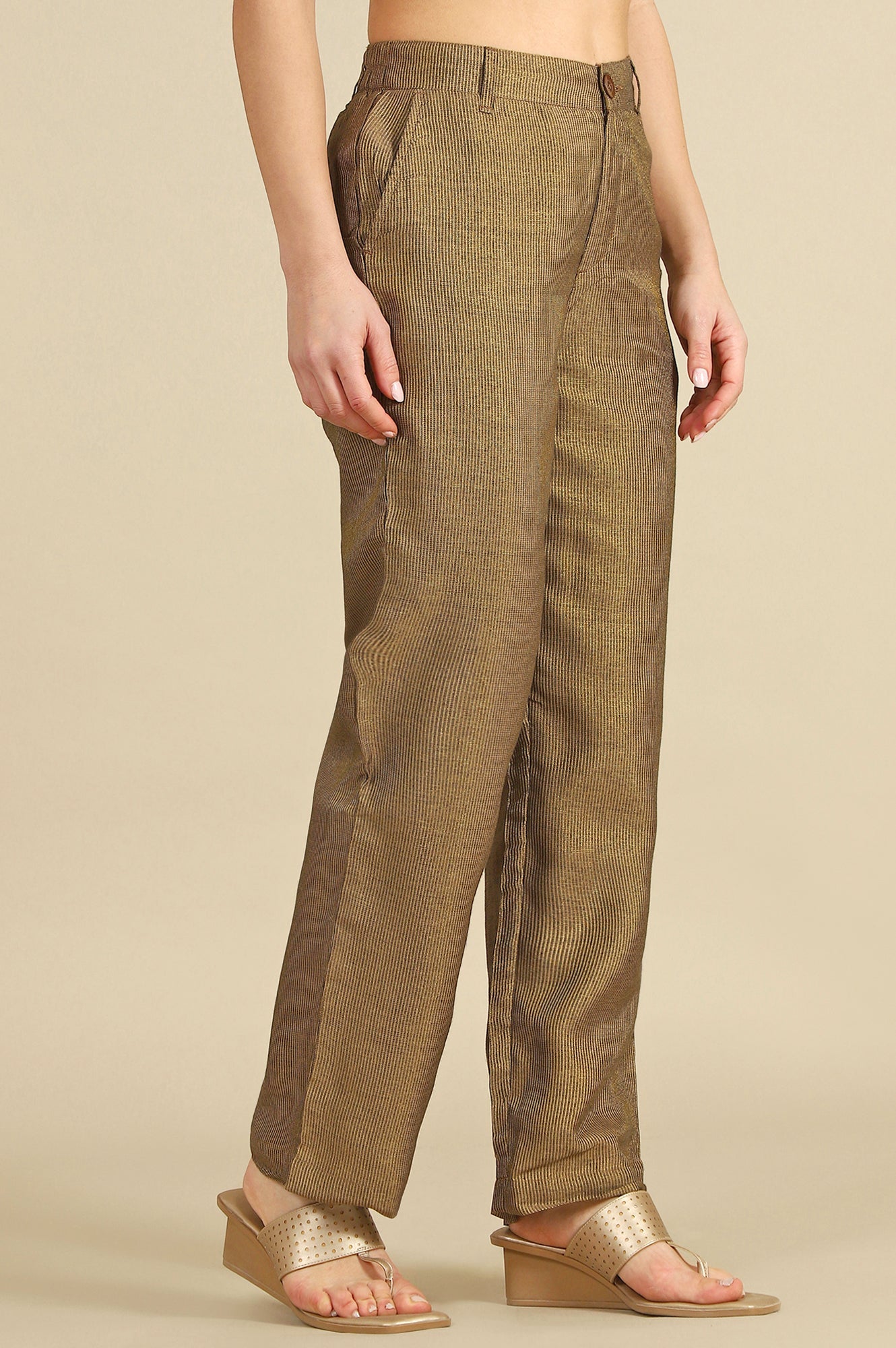 Brown Yarn Dyed Zari Straight Trousers & Pants