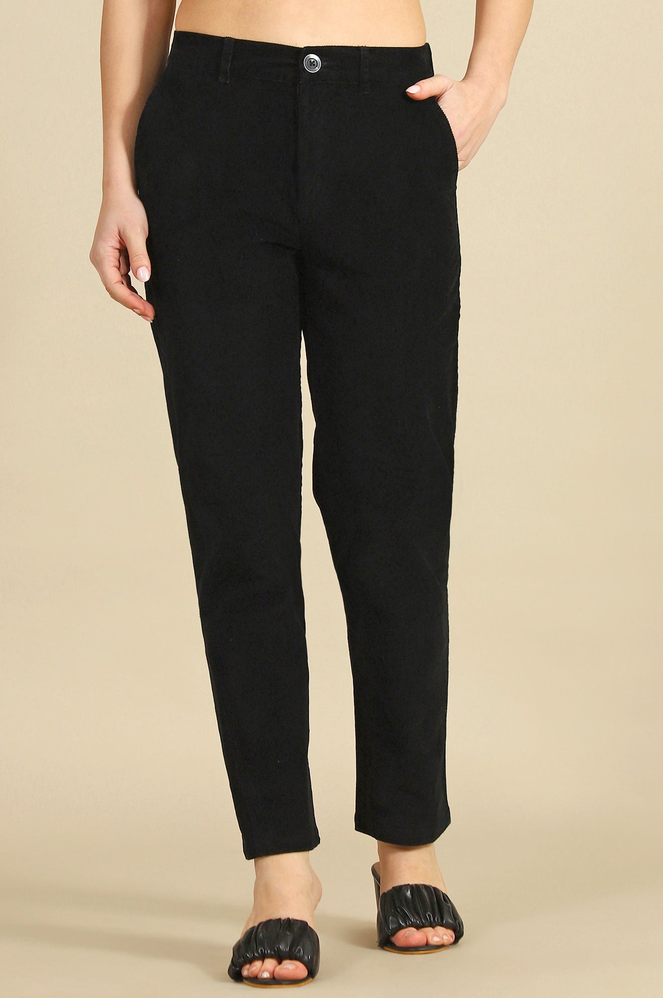 Black Solid Cotton Blend Straight Trousers & Pants
