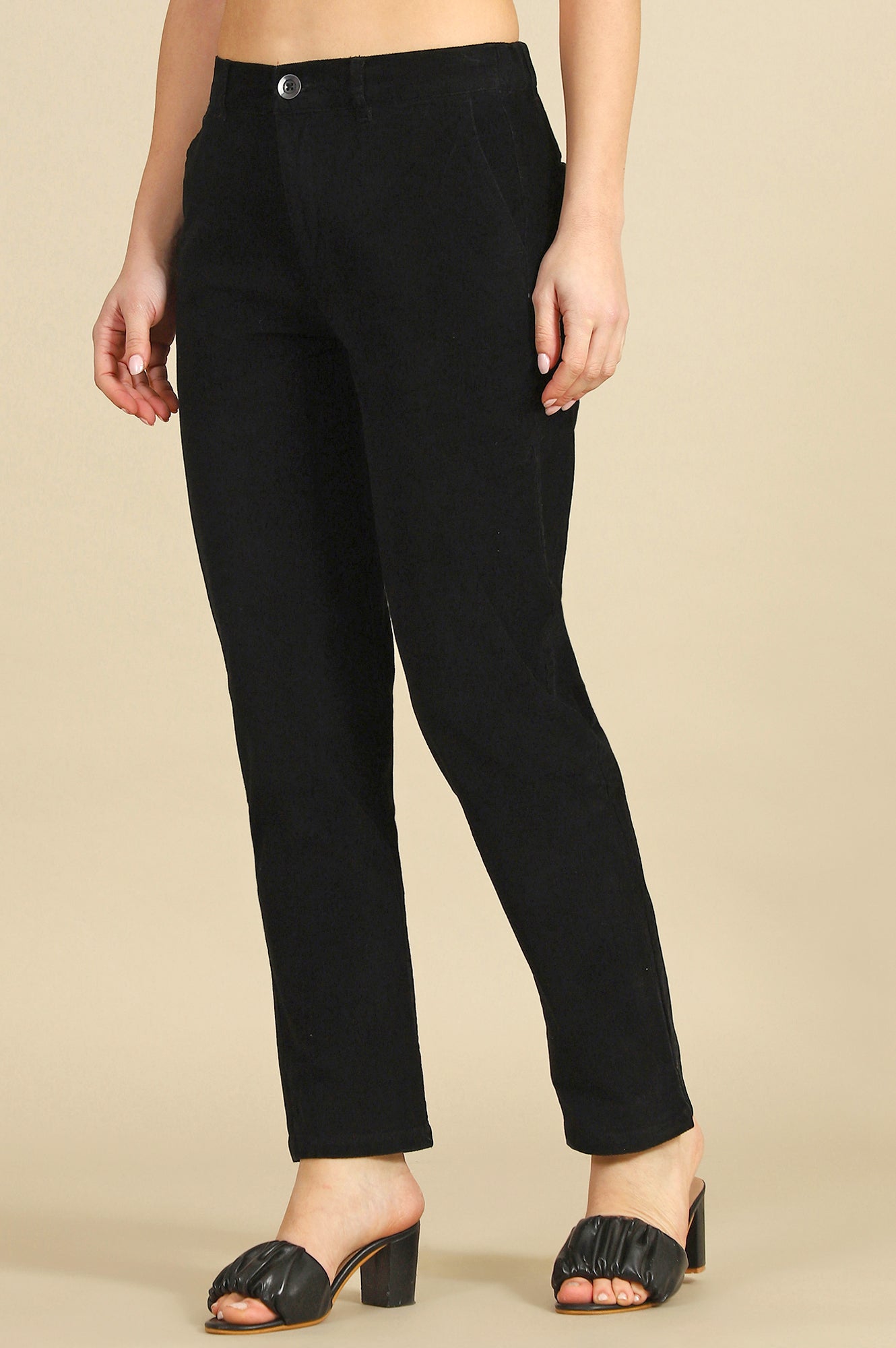 Black Solid Cotton Blend Straight Trousers & Pants